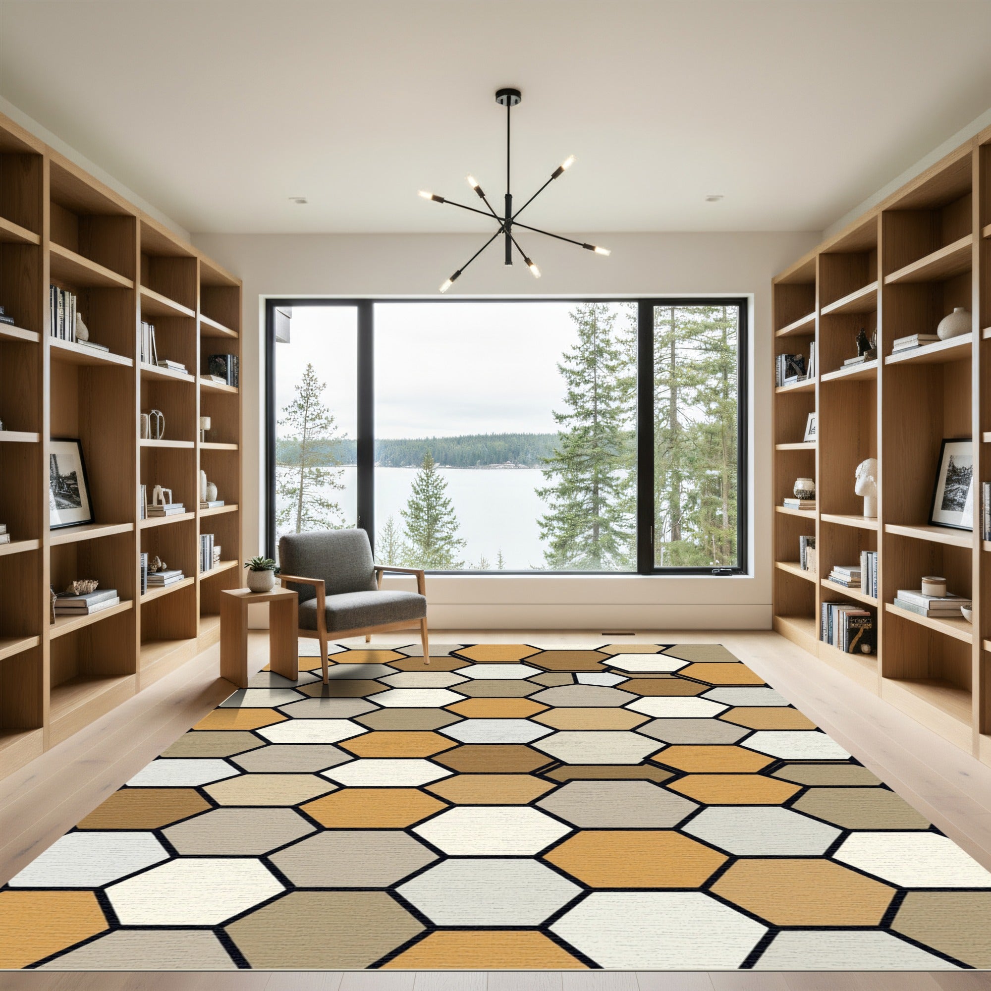 Neutral Earth Tone Geometric Hexagon Rug
