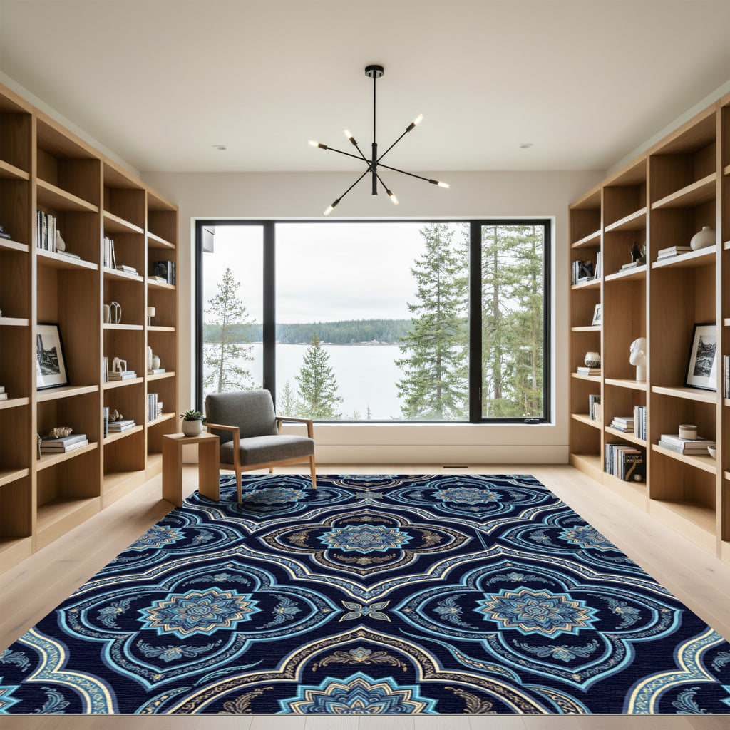Midnight Blue Ornamental Floral Medallion Rug