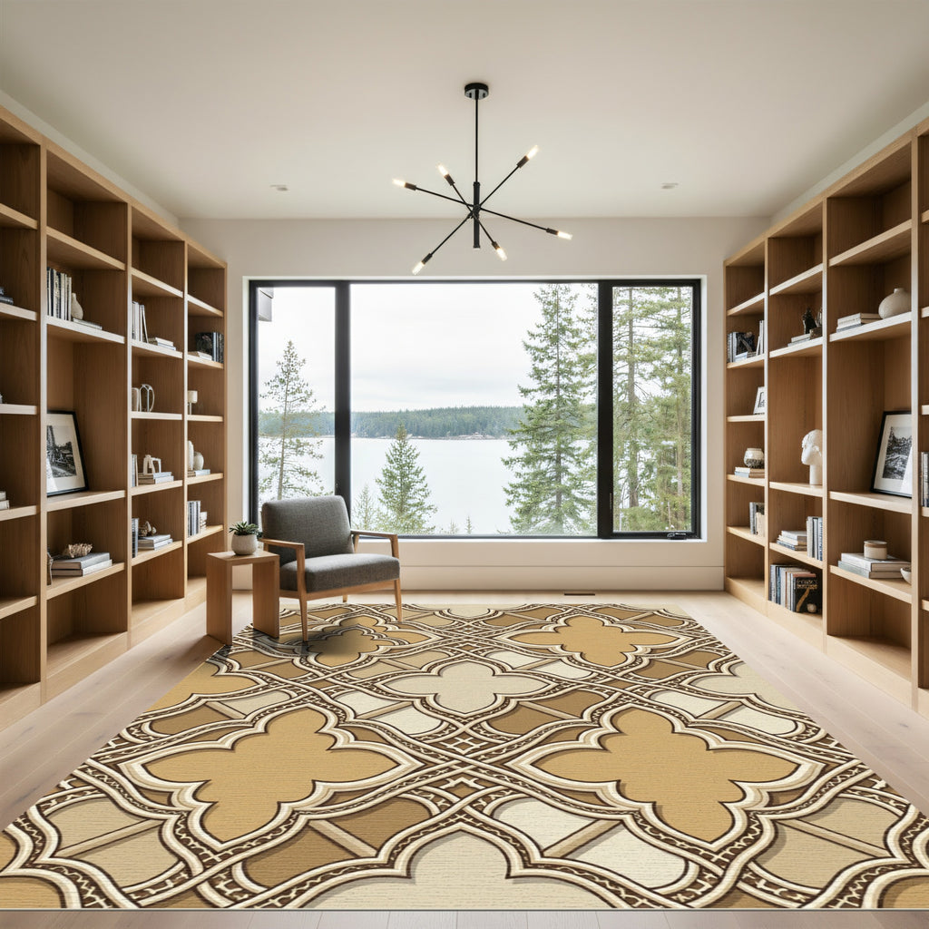 Ornate Beige Quatrefoil Interlocking Tile Rug
