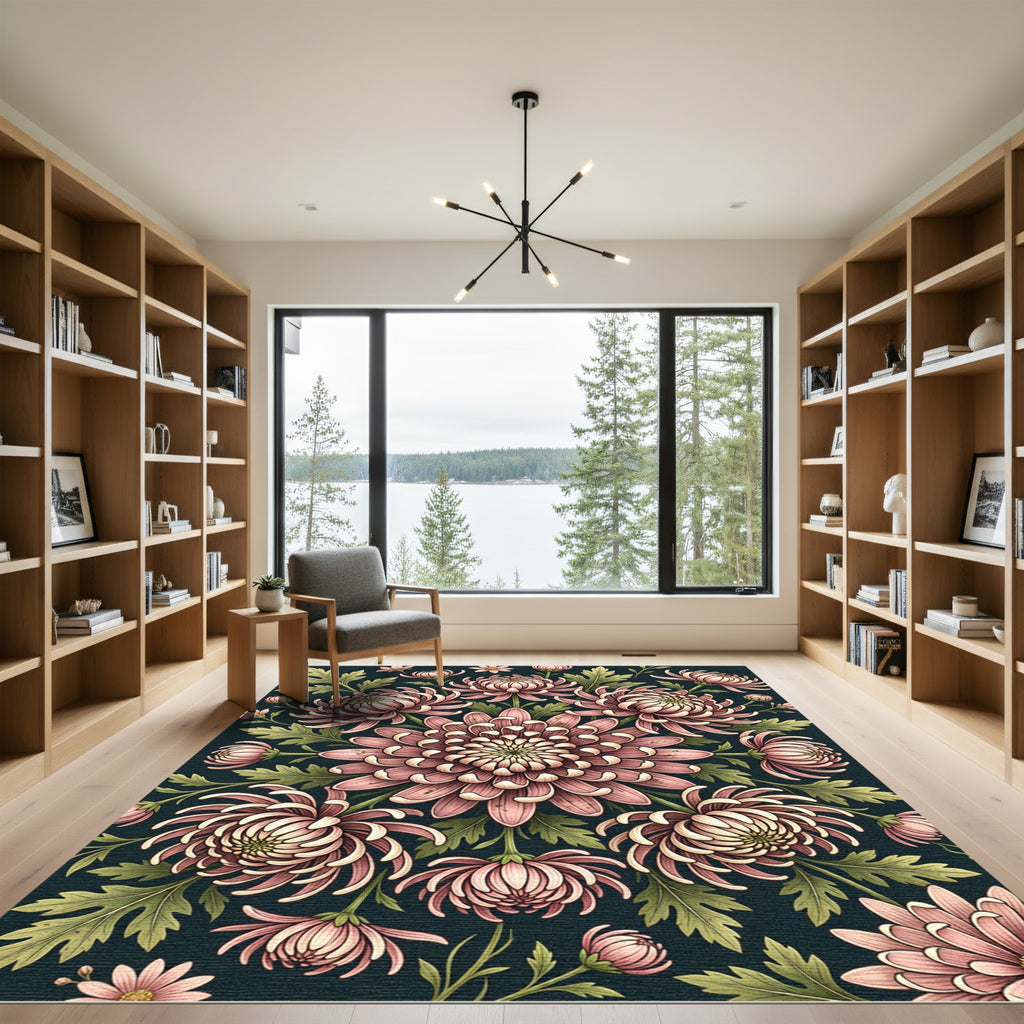 Botanical Dusty Rose Chrysanthemum Floral Medallion Rug