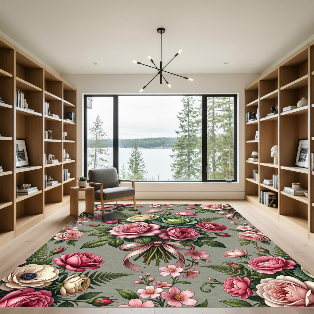 Romantic Pink Rose Bouquet Botanical Art Rug