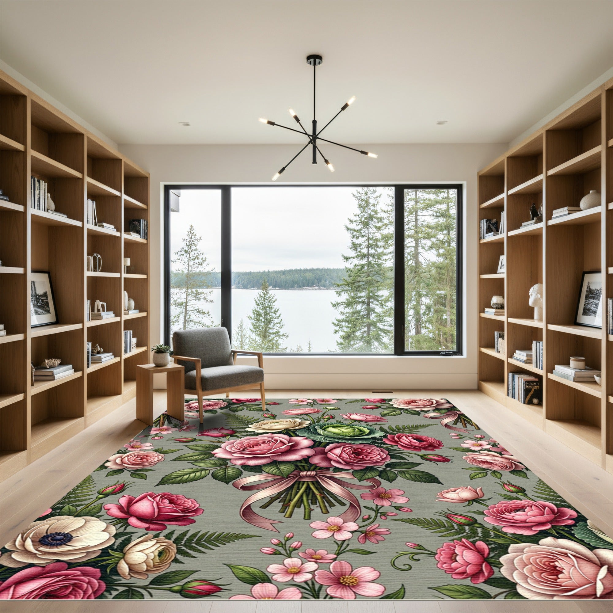Romantic Pink Rose Bouquet Botanical Art Rug