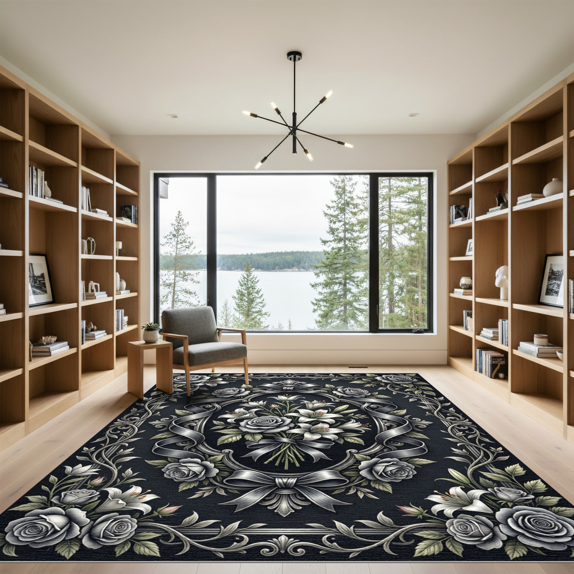 Elegant Monochrome Floral Bouquet Ribbon Frame Rug
