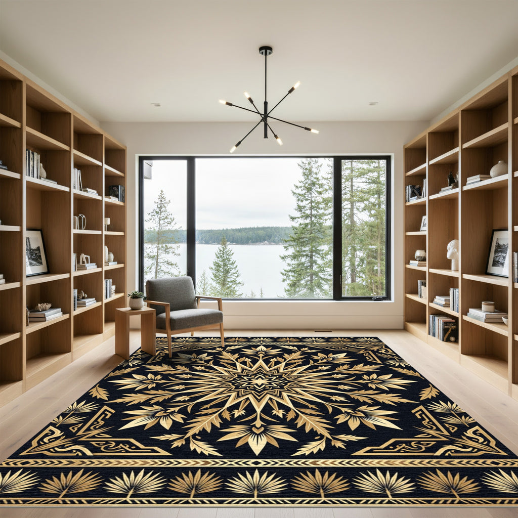 Golden Egyptian Lotus Geometric Art Rug