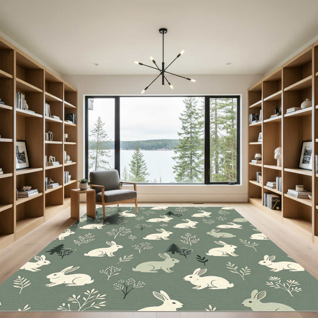 Sage Green Forest Rabbit Woodland Rug