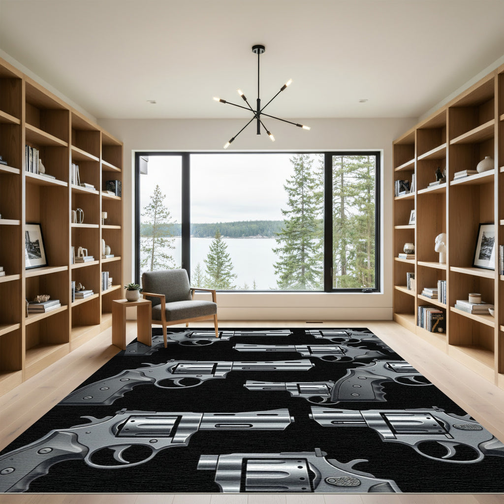 Monochrome Revolver Graphic Illustration Rug