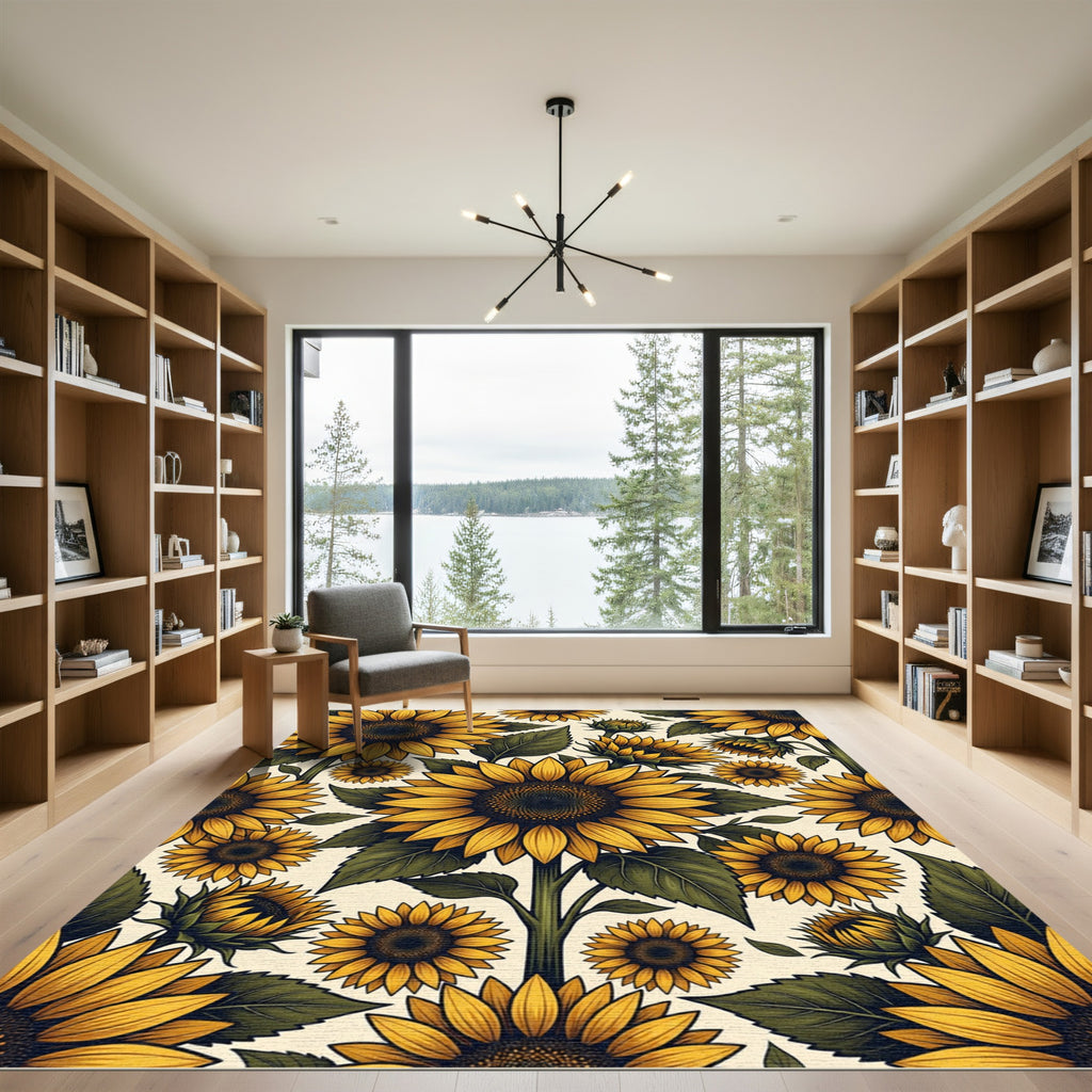Lush Golden Sunflower Botanical Illustration Rug