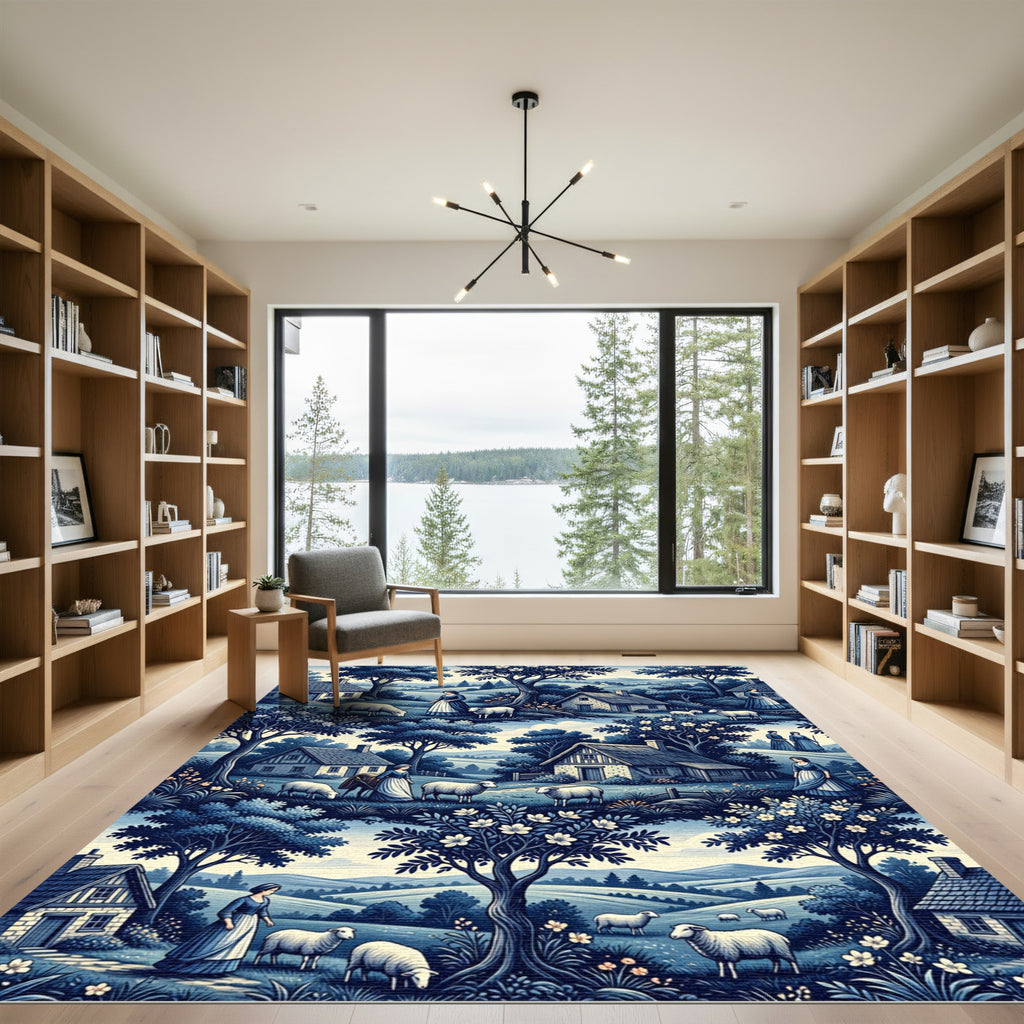 Blue Toile Countryside Pastoral Scene Rug