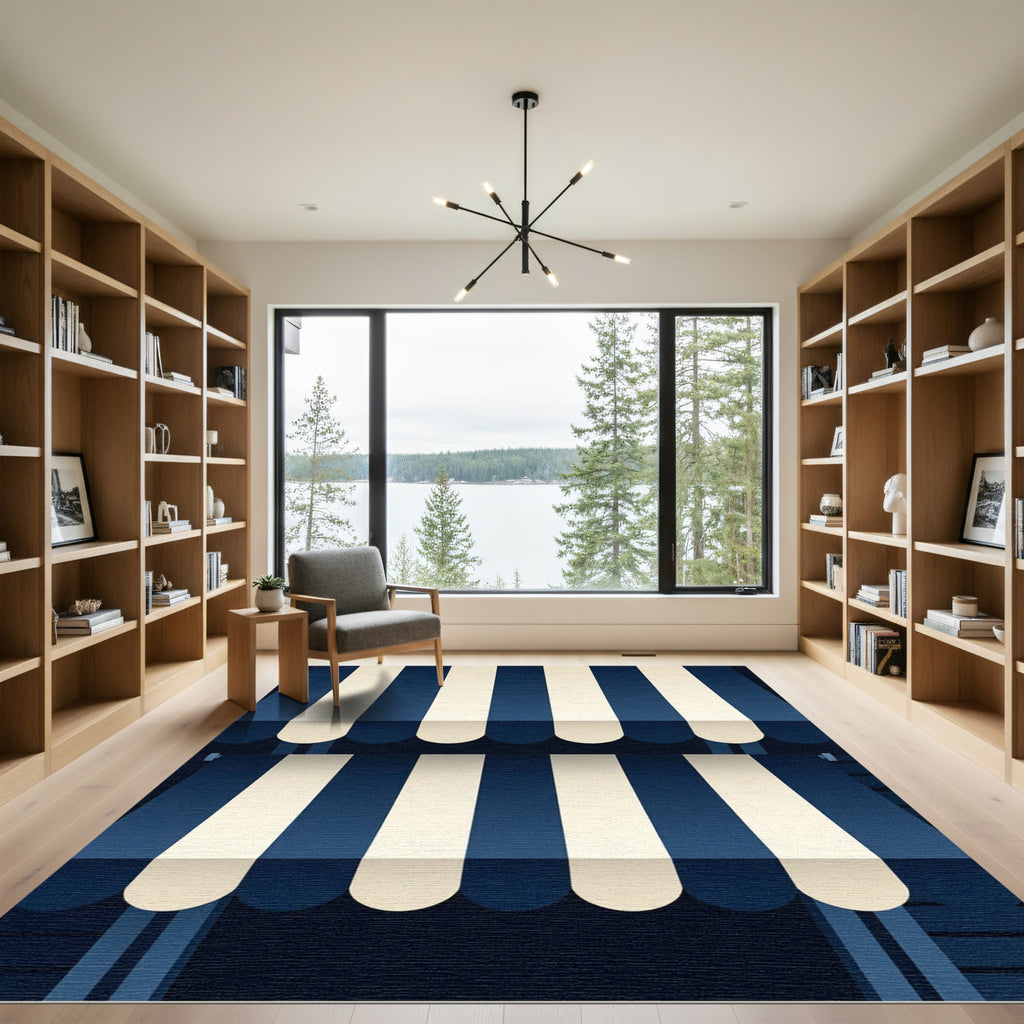 Navy and Cream Vertical Striped Awning Rug