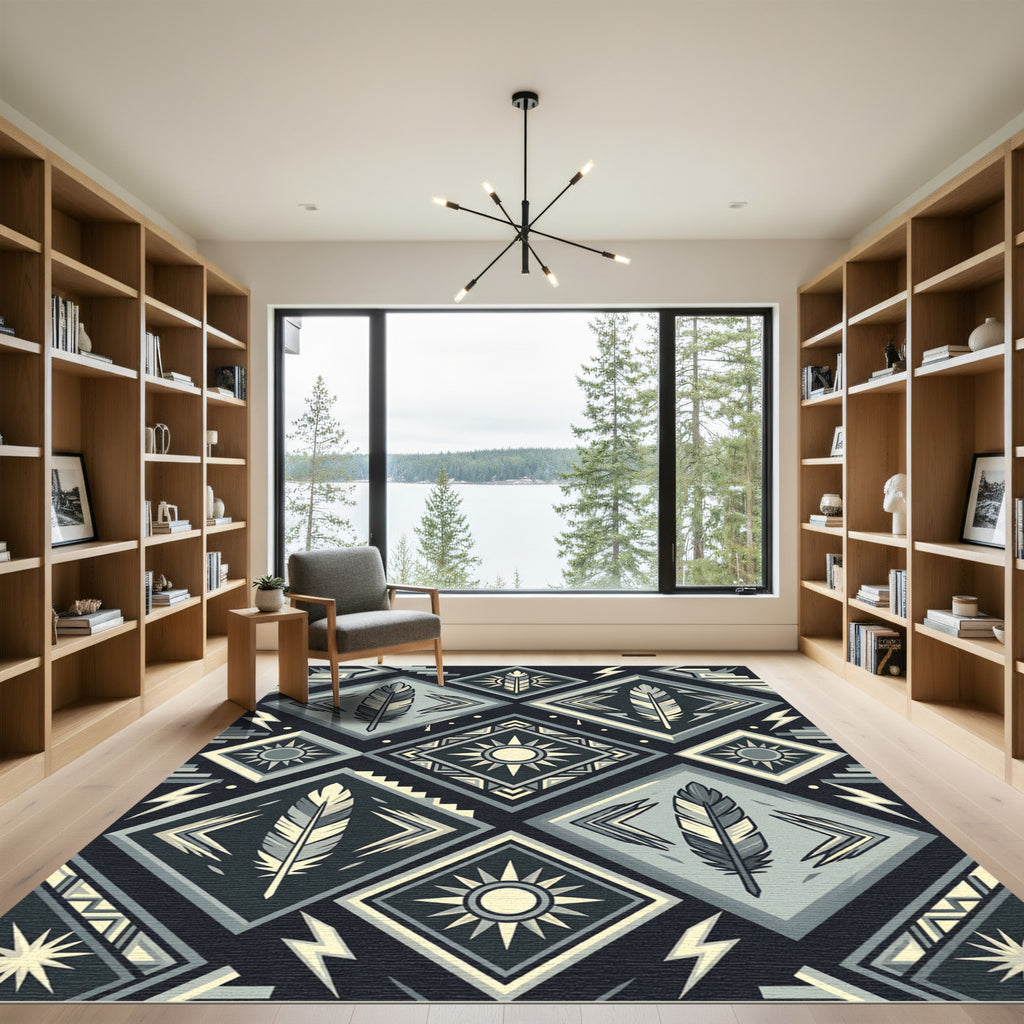 Geometric Feather Sun Monochrome Diamond Rug