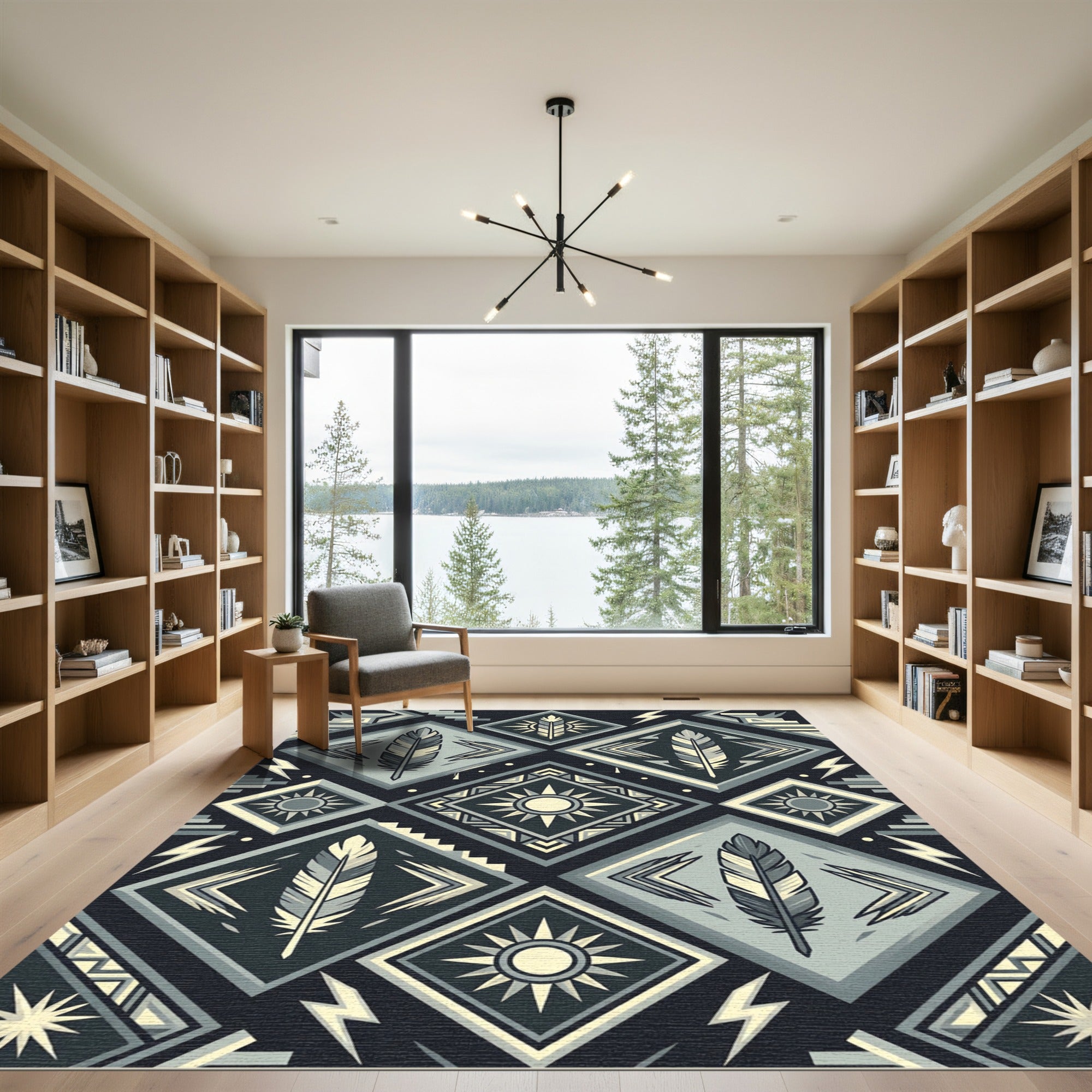 Geometric Feather Sun Monochrome Diamond Rug