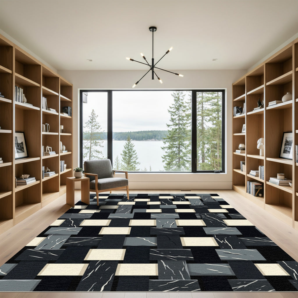 Modern Monochromatic Interwoven Stone Grid Rug