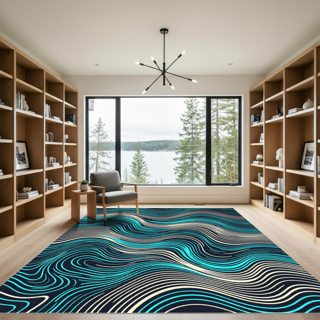 Abstract Cyan and Cream Fluid Wave Rug