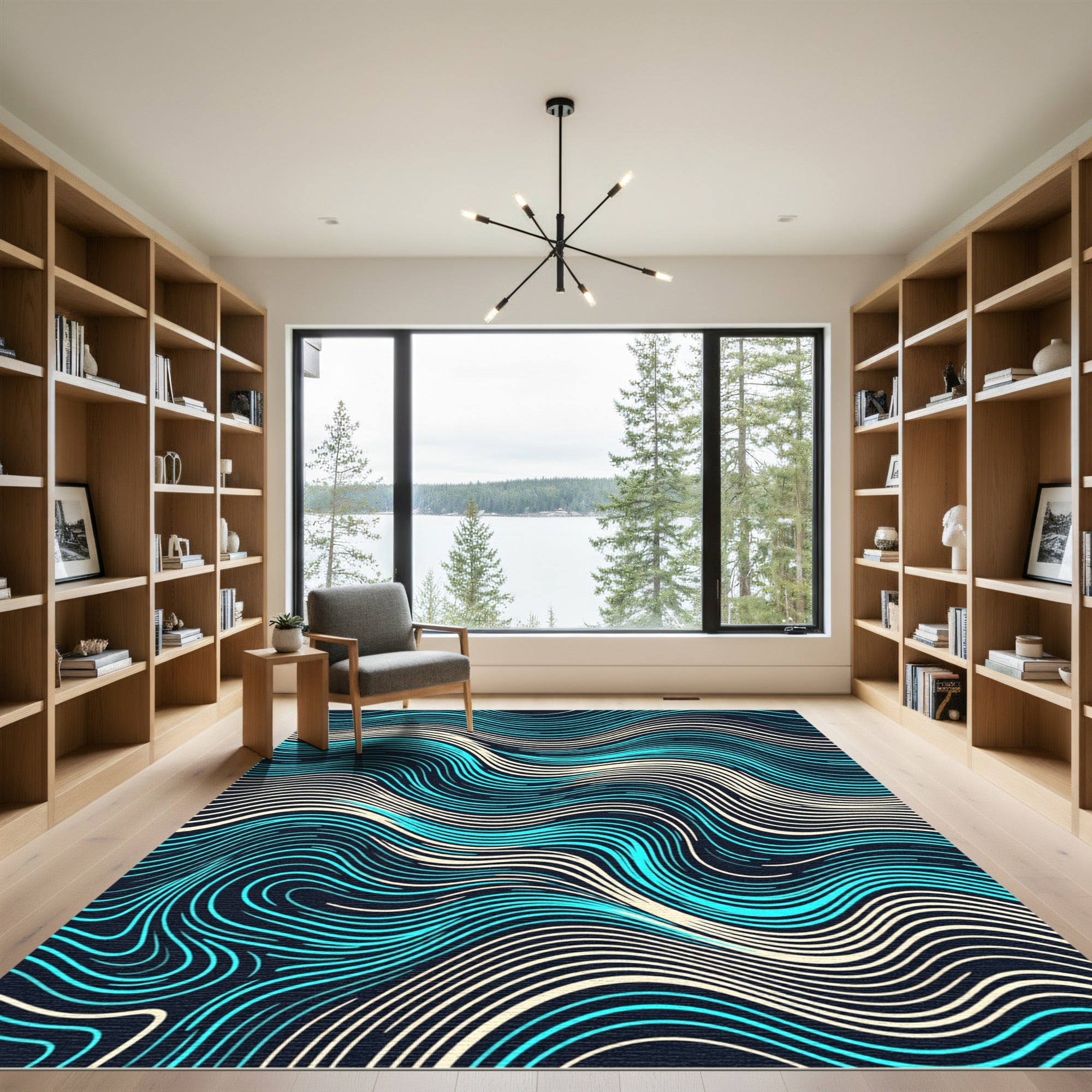 Abstract Cyan and Cream Fluid Wave Rug