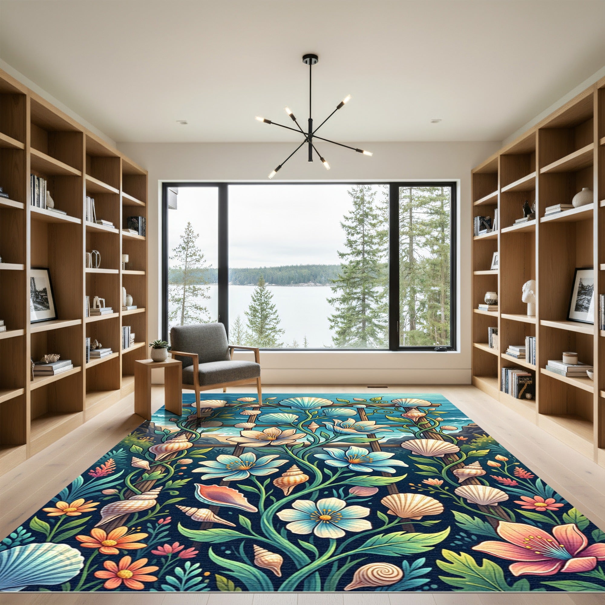 Coastal Seashell and Floral Garden Trellis Rug