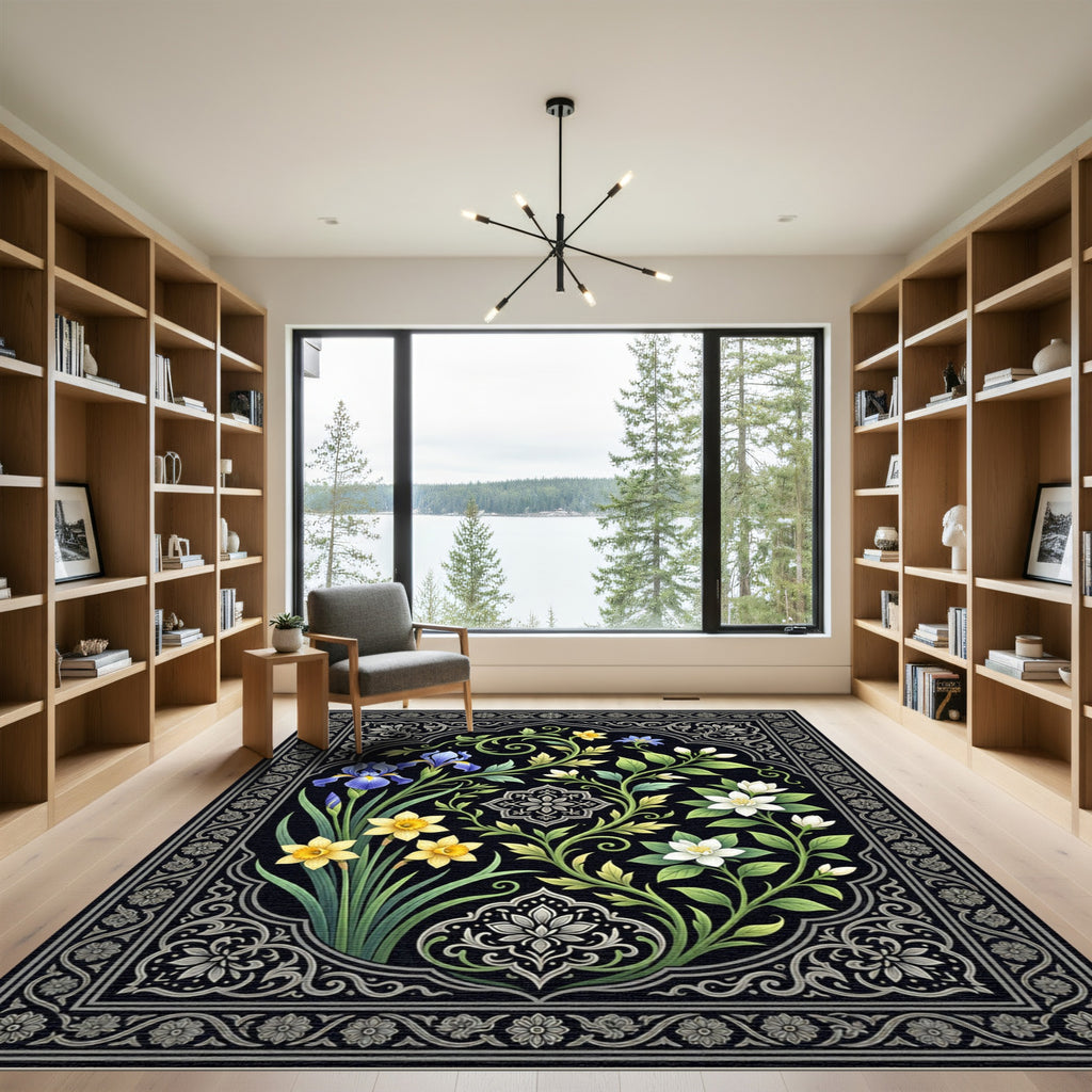 Botanical Black Floral Gold Iris Rug