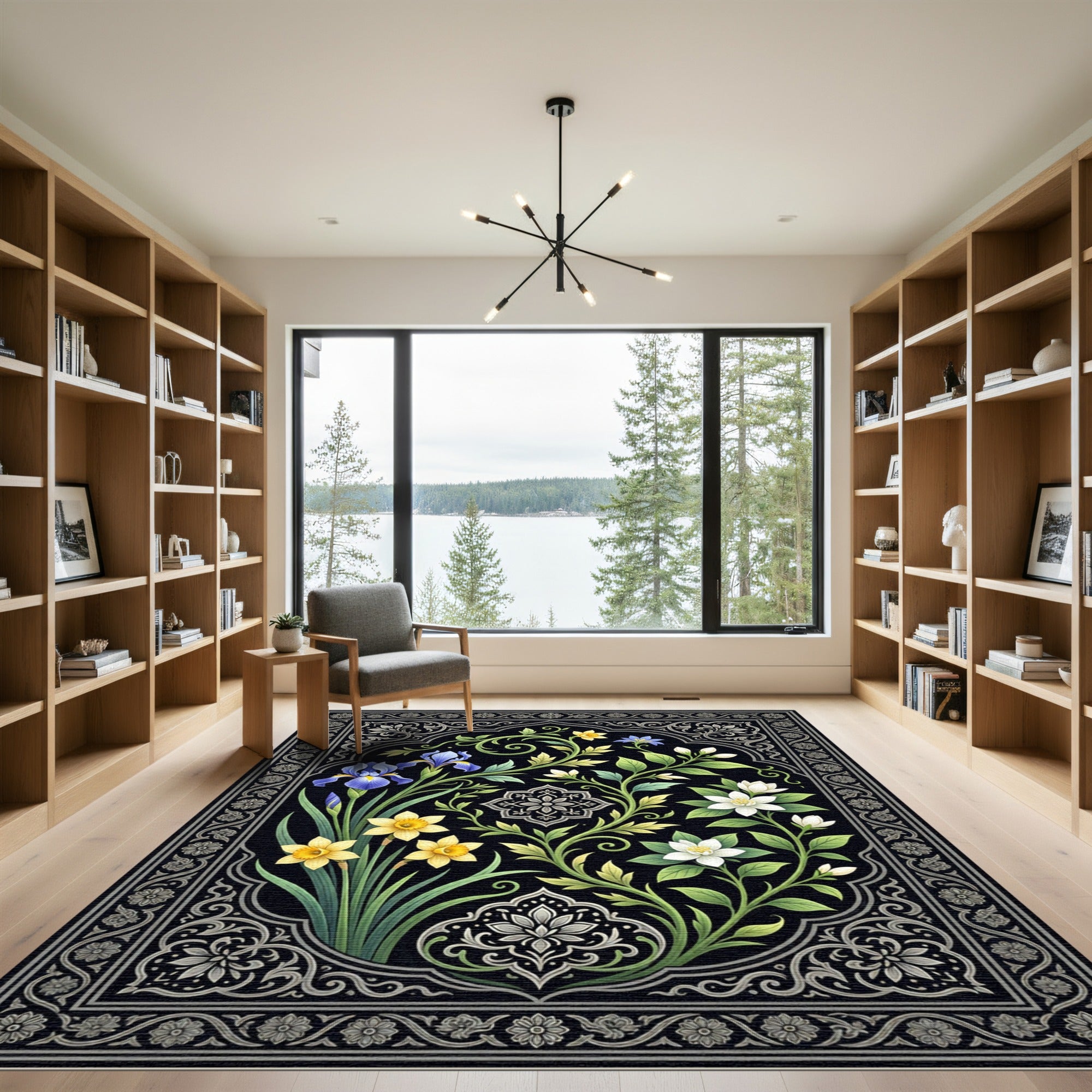 Botanical Black Floral Gold Iris Rug