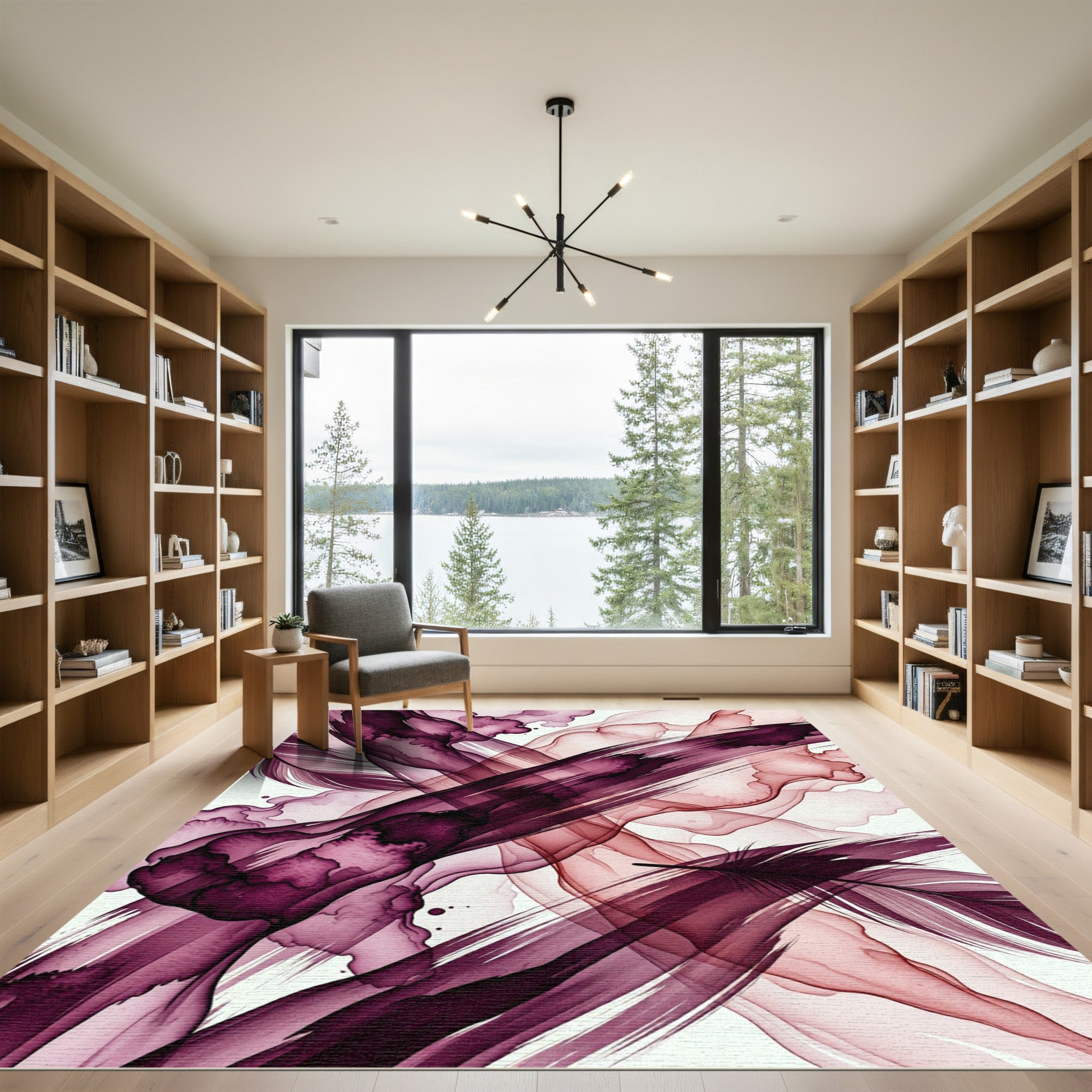 Deep Plum Abstract Feather Swirl Rug