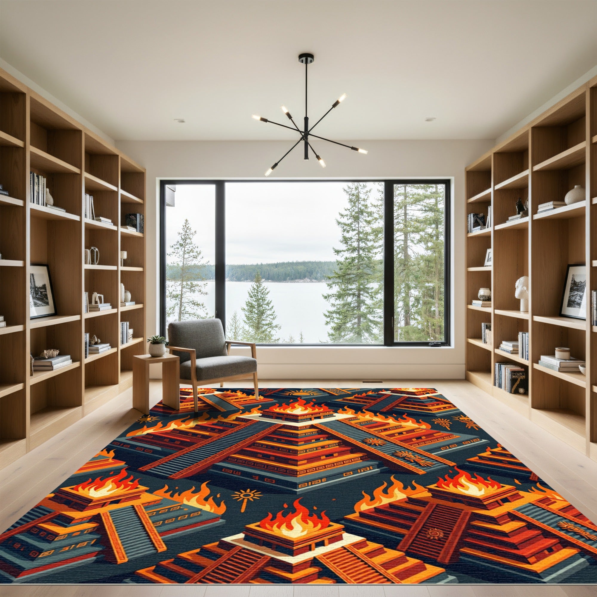 Fiery Aztec Temple Isometric Golden Sun Rug