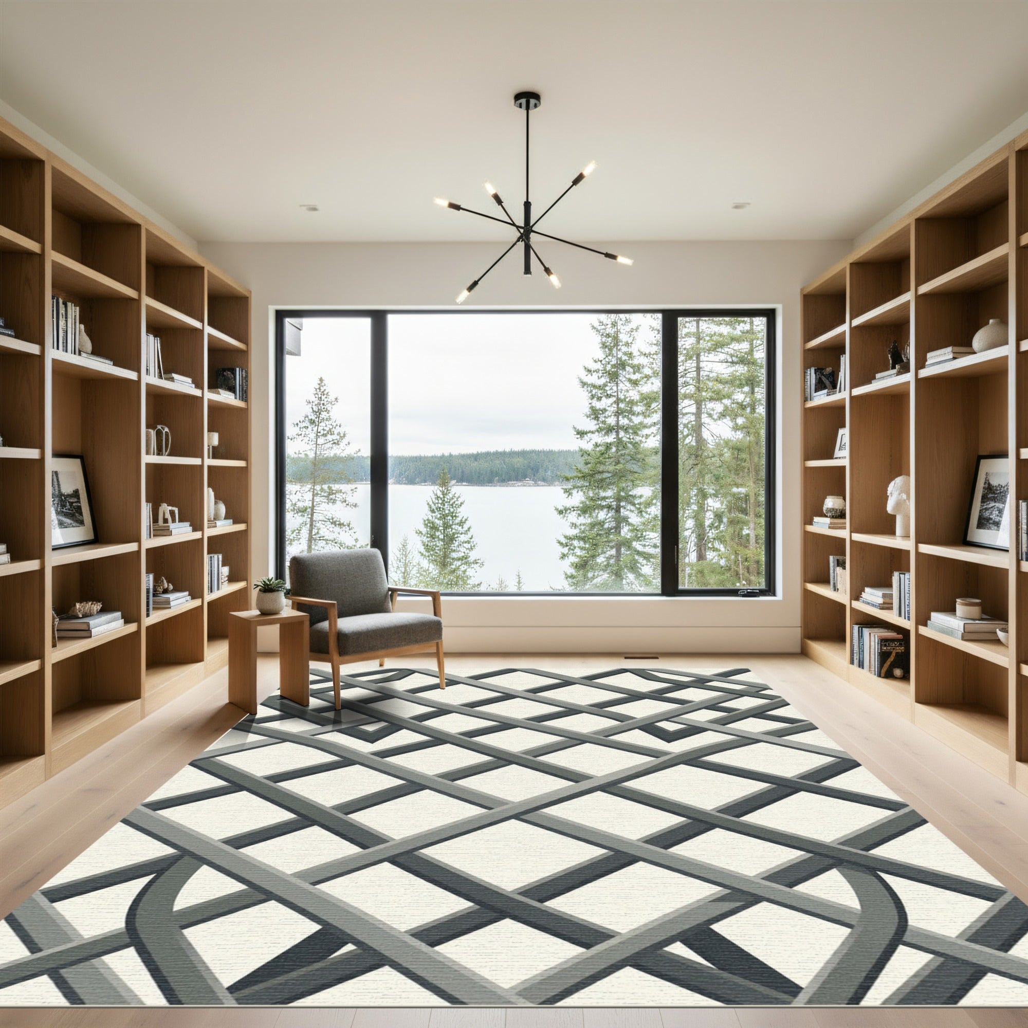 Sophisticated Monochrome Geometric Interlocking Grid Rug
