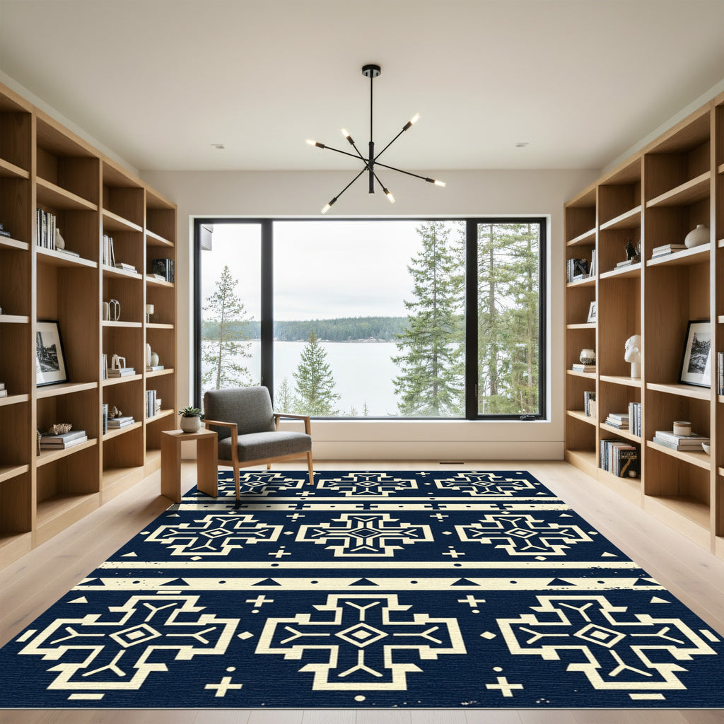 Navy Cream Geometric Southwestern Cross Rug