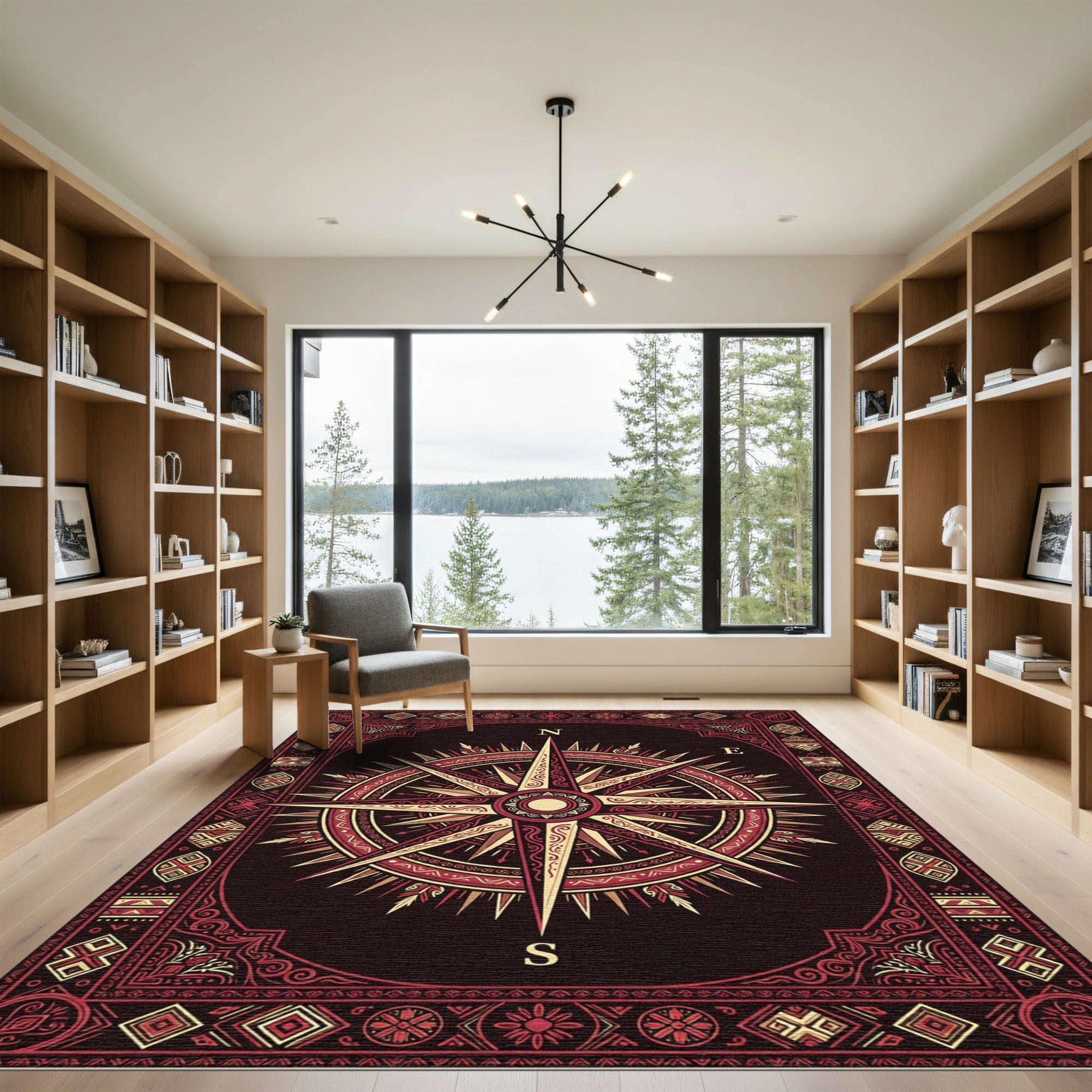 Maroon Gold Compass Rose Emblem Rug