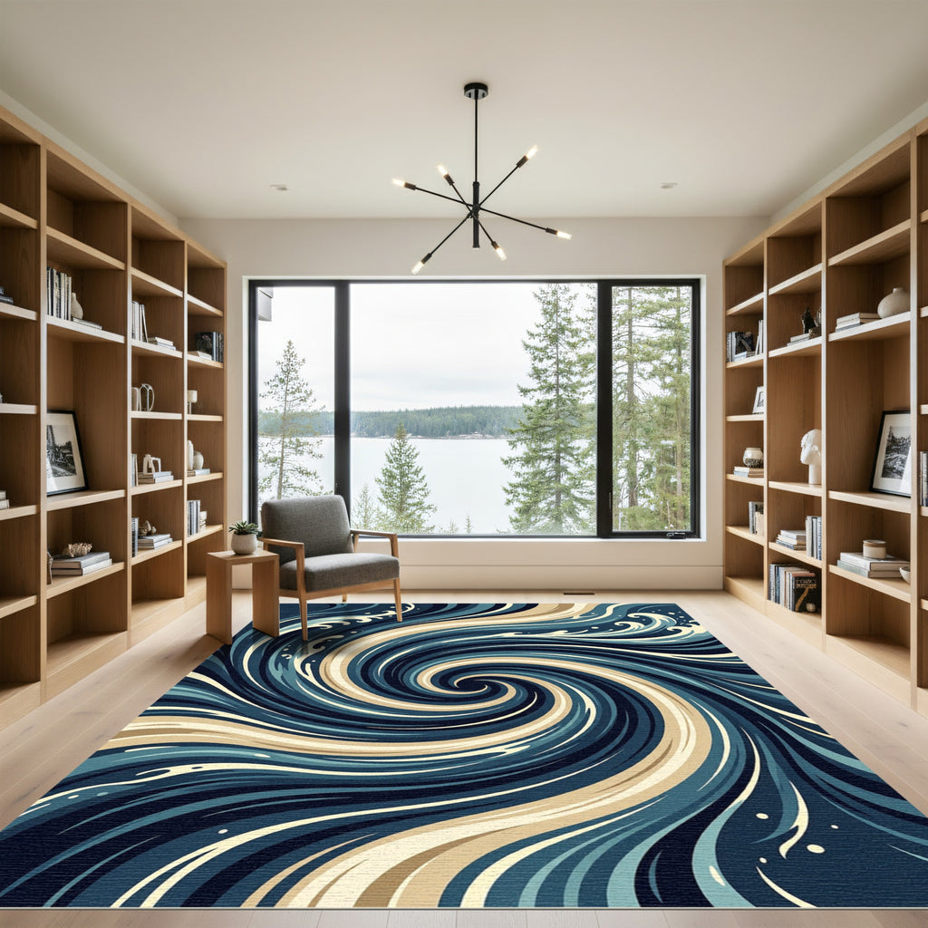 Deep Blue Ivory Swirl Ocean Waves Rug