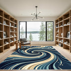 Deep Blue Ivory Swirl Ocean Waves Rug