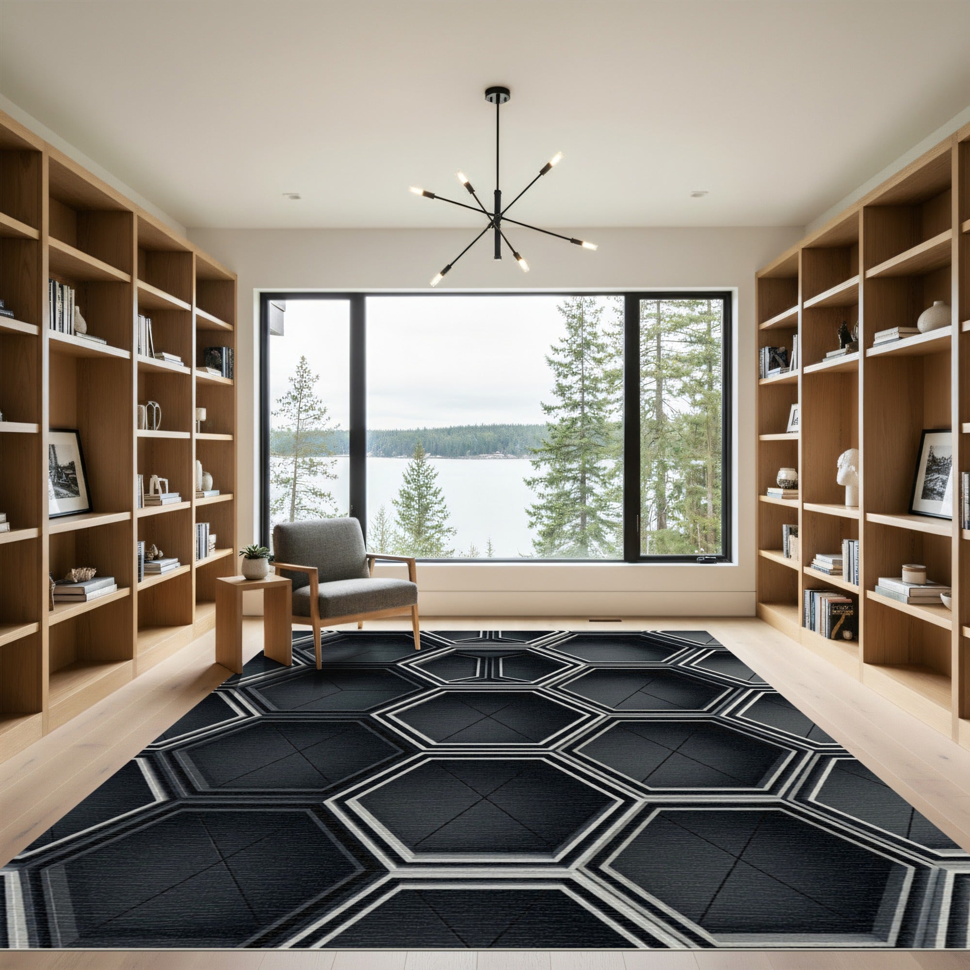 Dark Gray Geometric Hexagonal Stacks Rug