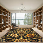 Golden Floral Damask Noir Tapestry Rug