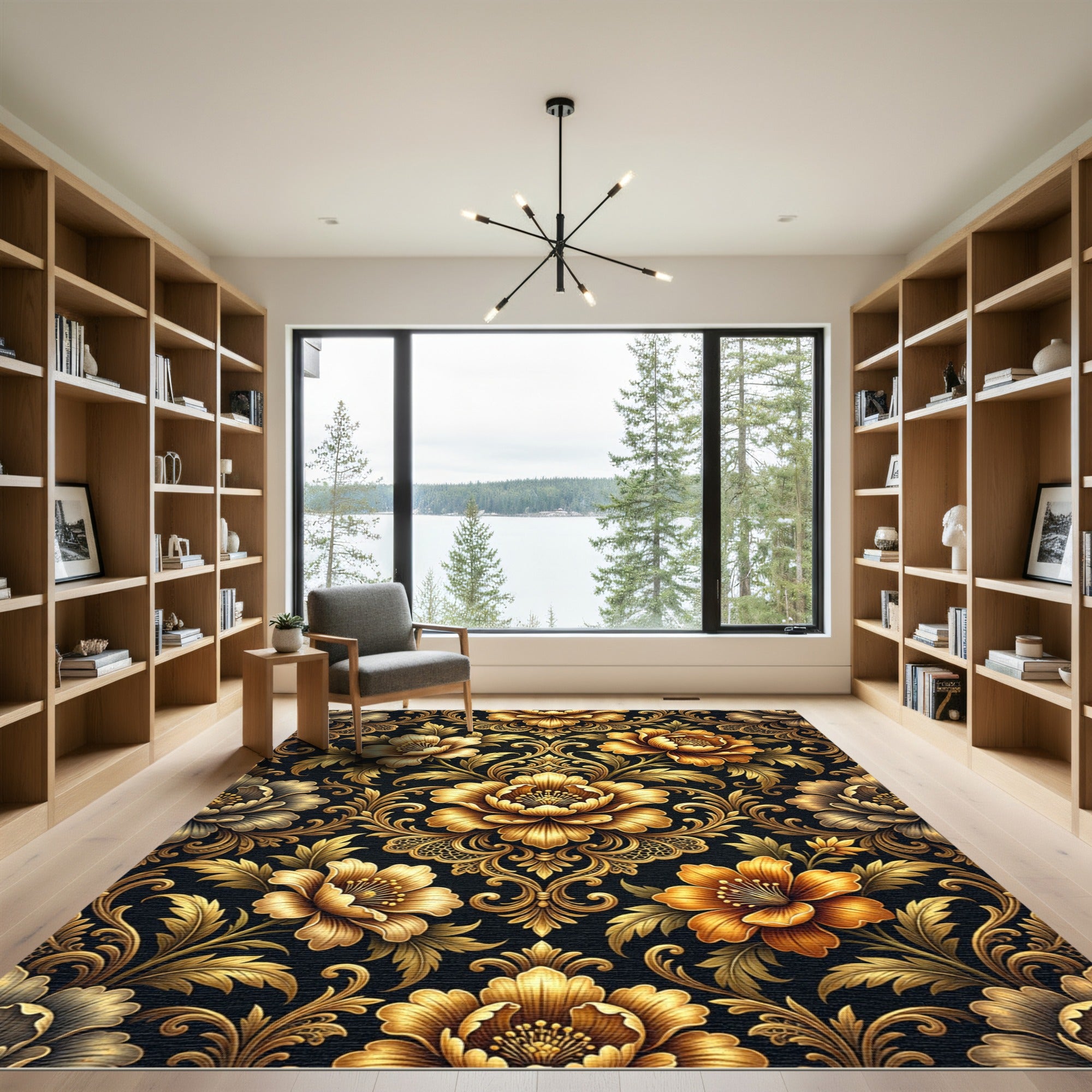 Golden Floral Damask Noir Tapestry Rug