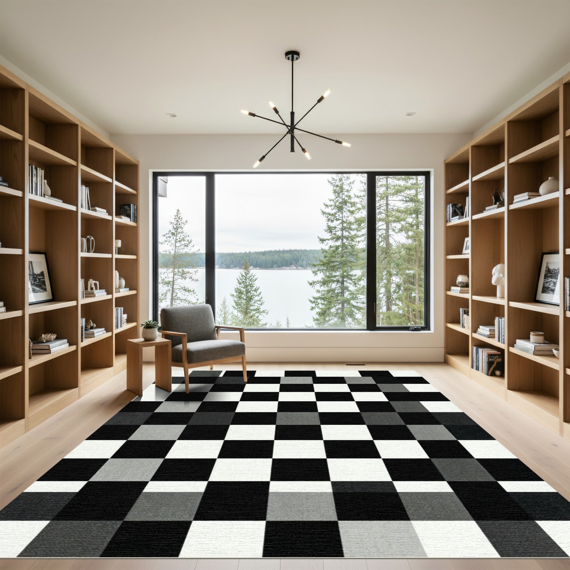 Monochrome Abstract Grid Checkered Tile Rug
