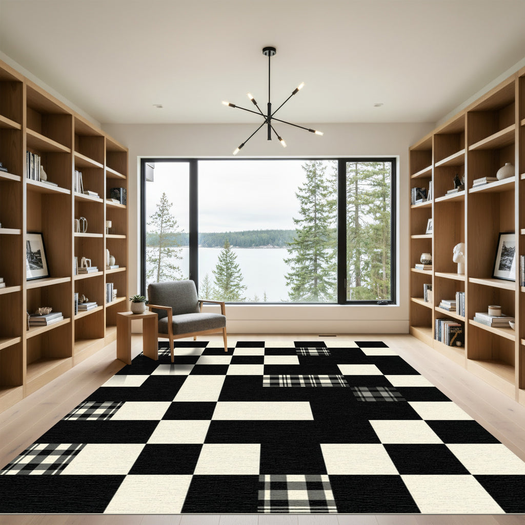 Modern Monochrome Black White Checkered Plaid Rug