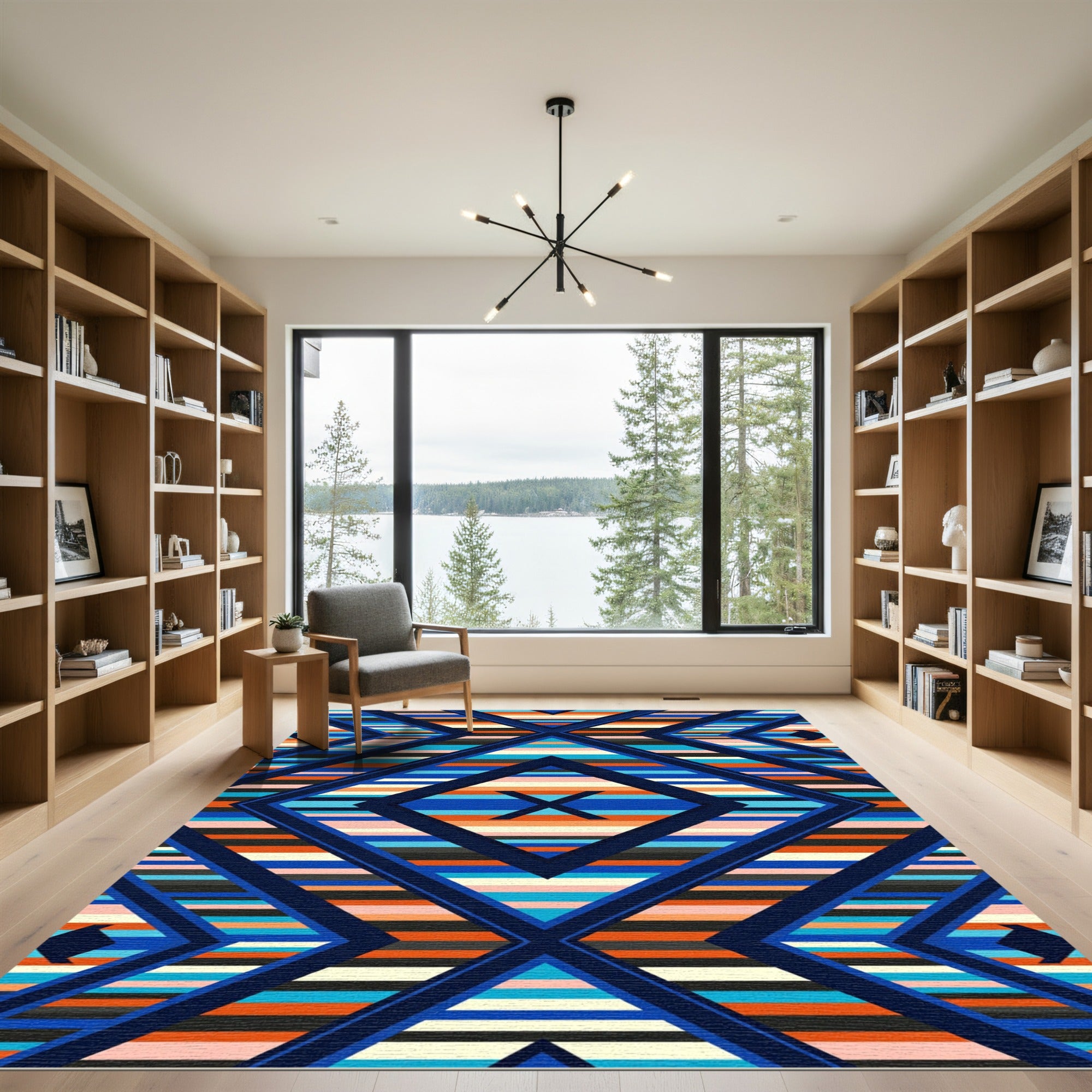 Vibrant Geometric Blue Orange Diamond Multistripe Rug