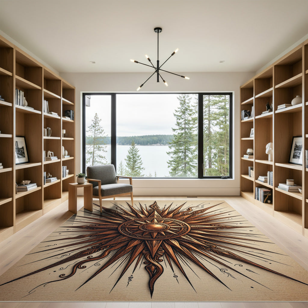 Intricate Golden Sunburst Compass Graphic Rug
