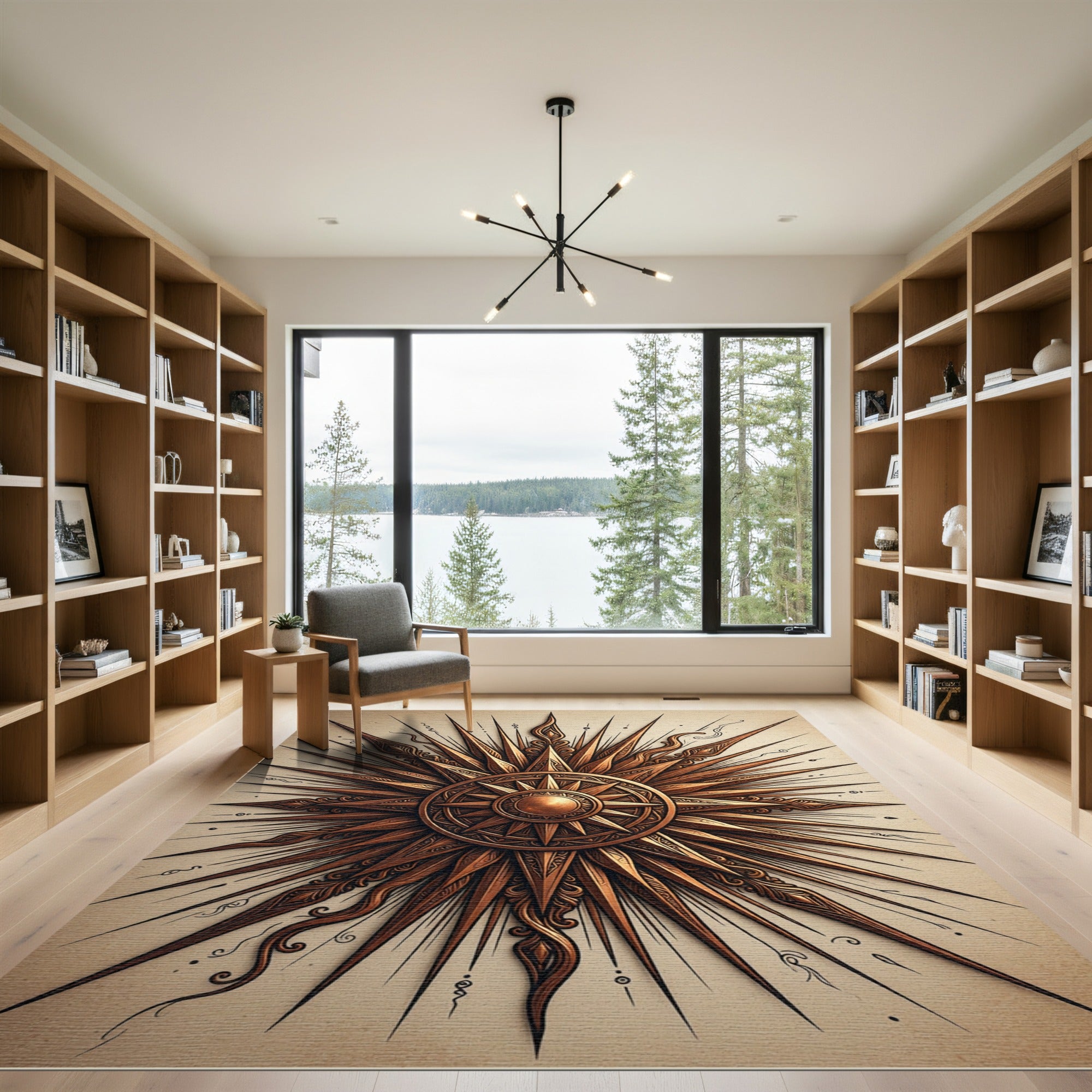 Intricate Golden Sunburst Compass Graphic Rug