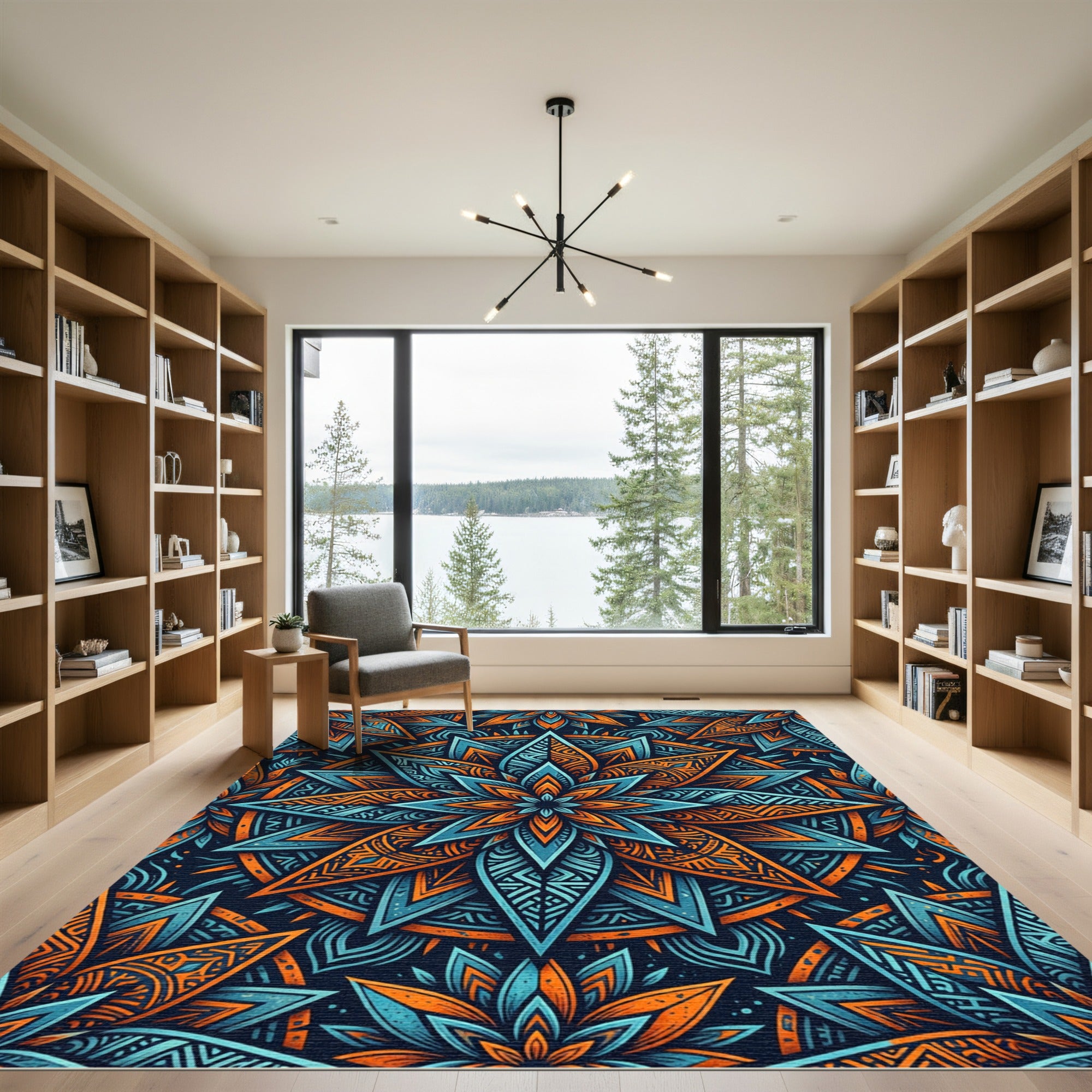 Vibrant Teal and Orange Star Mandala Rug