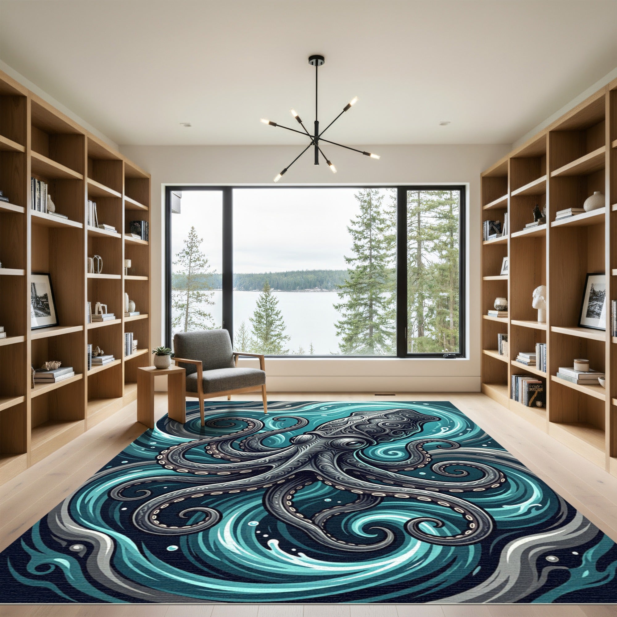 Intricate Swirling Octopus Teal Ocean Rug