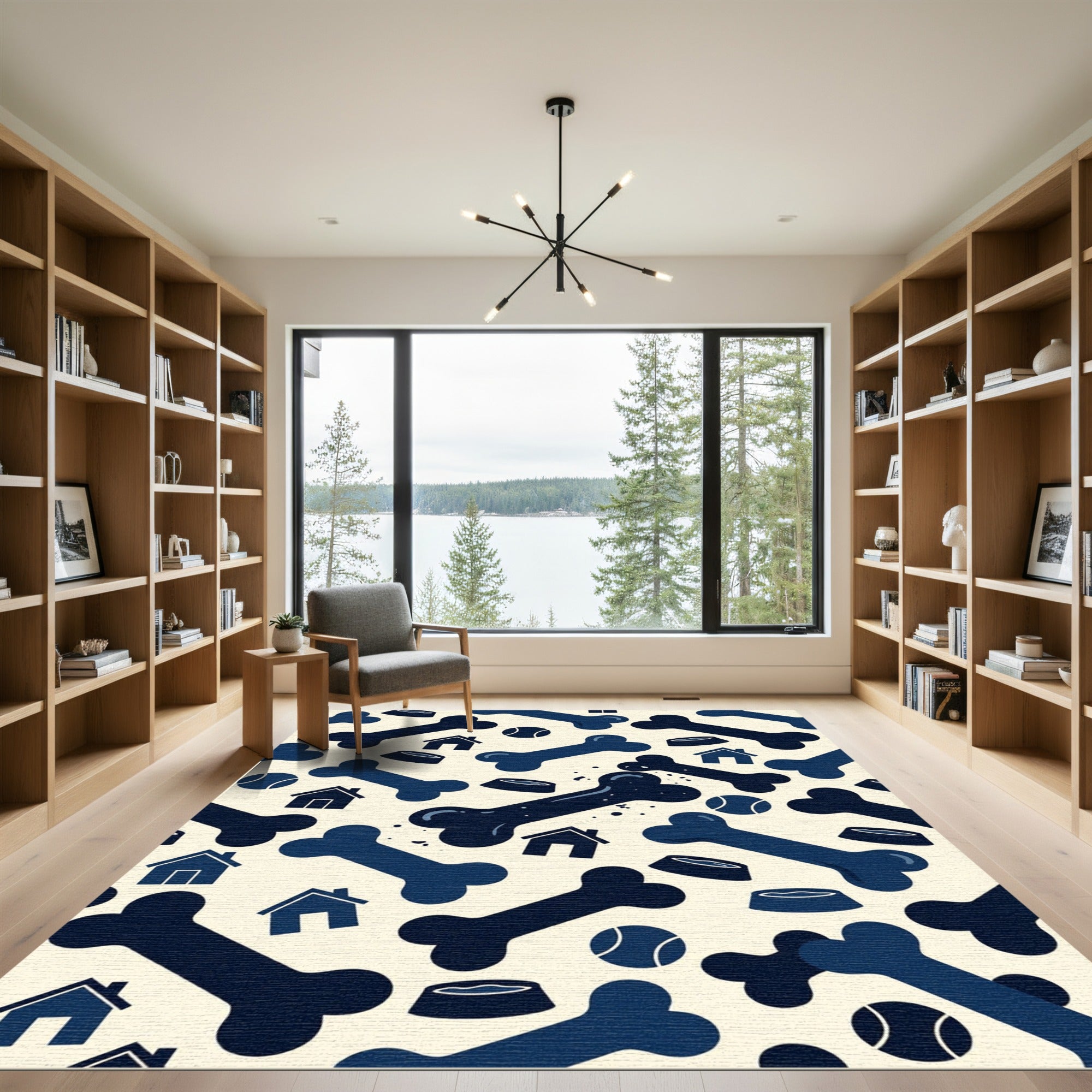 Playful Navy Bone and Dog House Rug