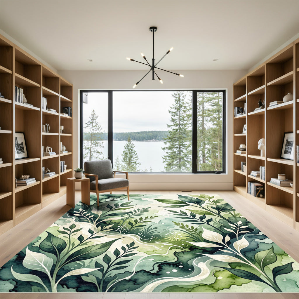 Ethereal Green Watercolor Leafy Grove Rug