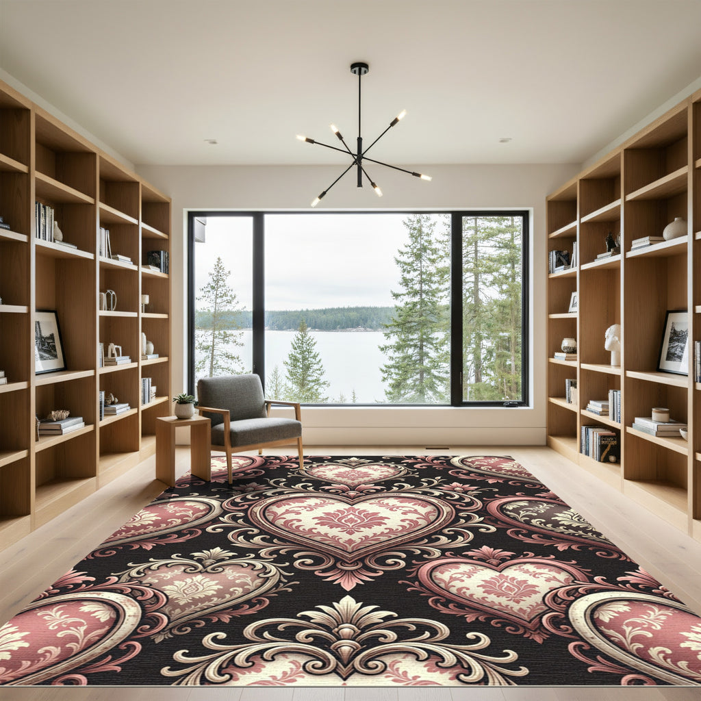 Pink Damask Heart Baroque Flourish Rug