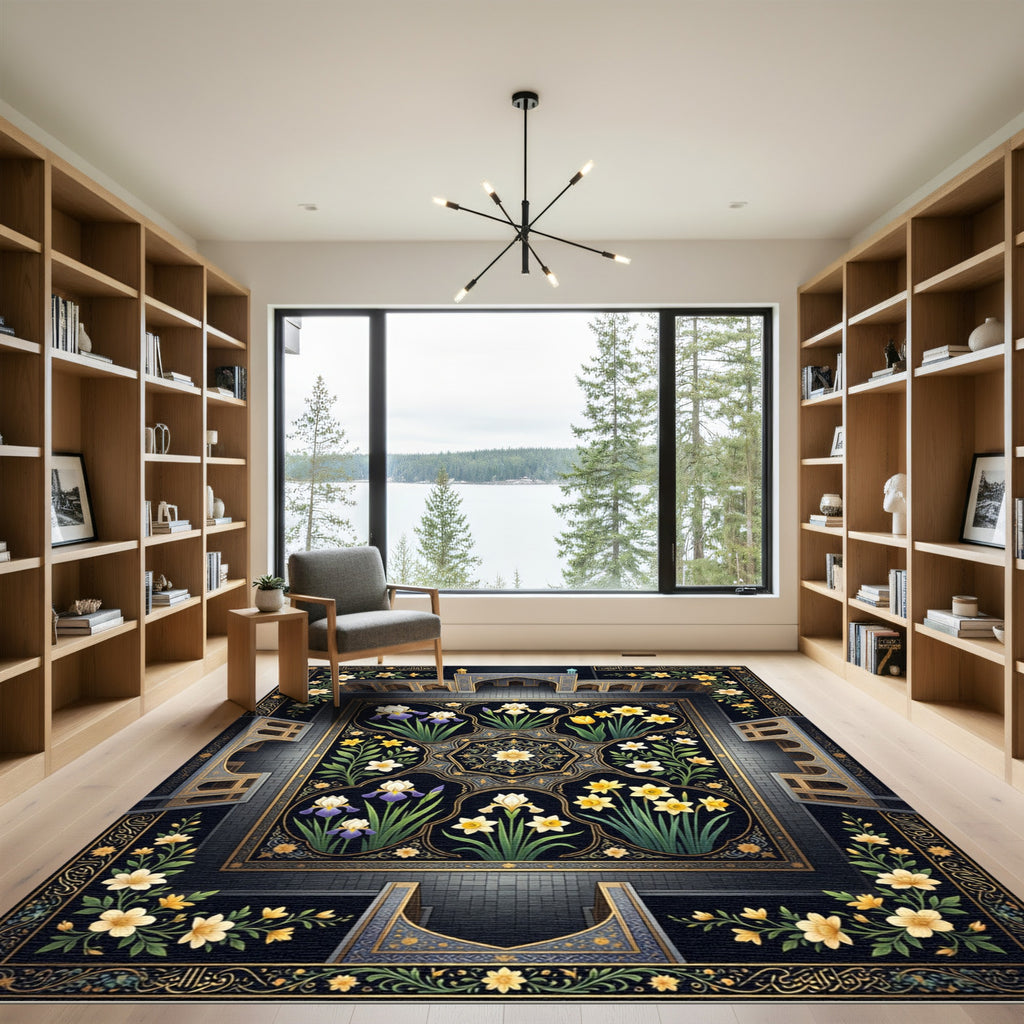 Midnight Floral Garden Iris Daffodil Tapestry Rug