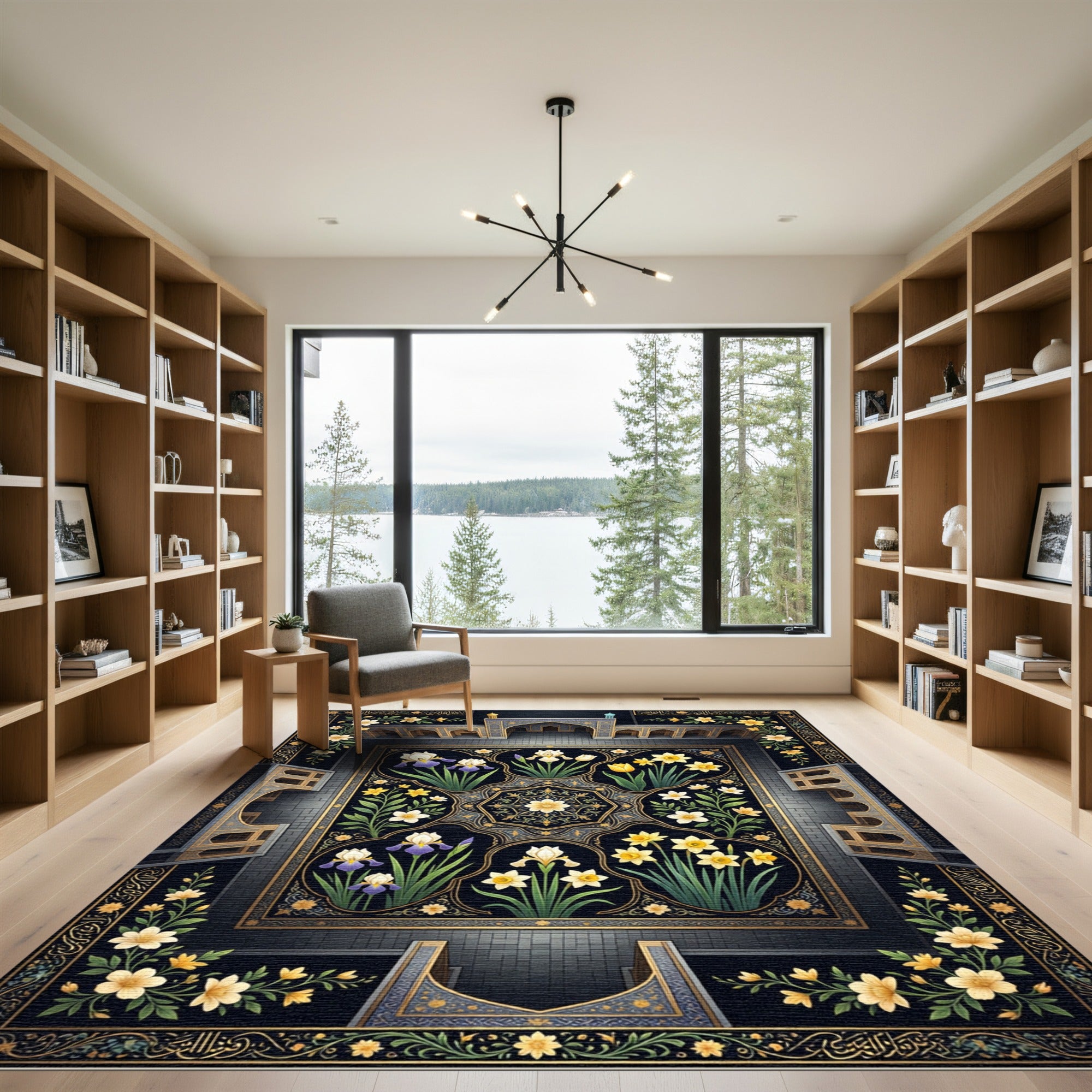 Midnight Floral Garden Iris Daffodil Tapestry Rug