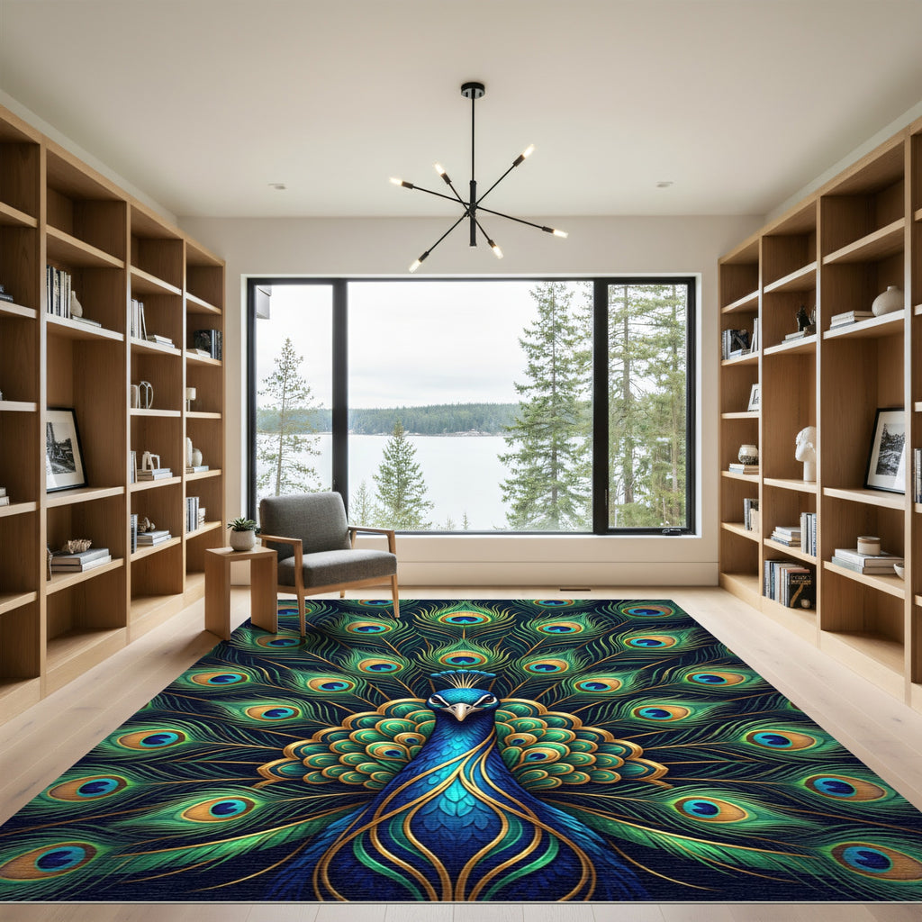 Vibrant Royal Blue Opulent Peacock Plume Rug