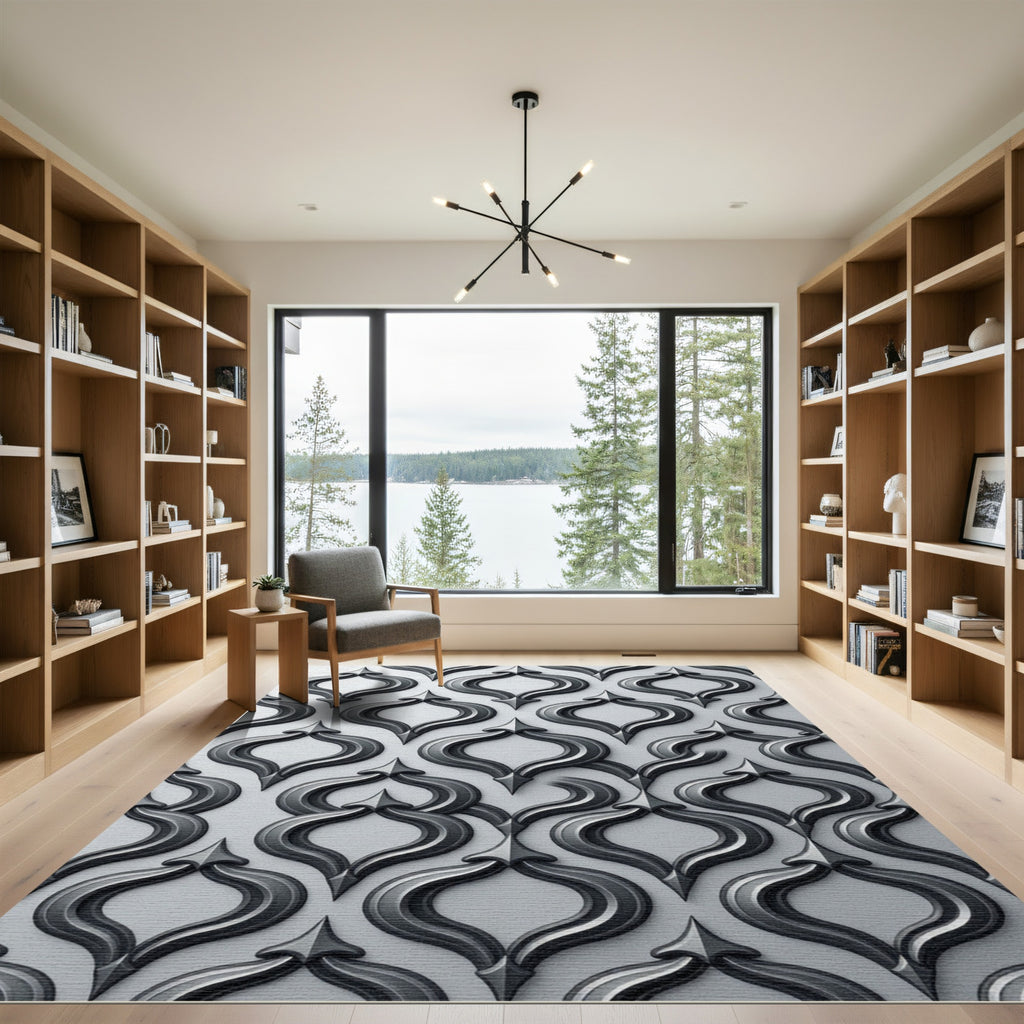 Sophisticated Black Sculpted Gothic Trellis Rug
