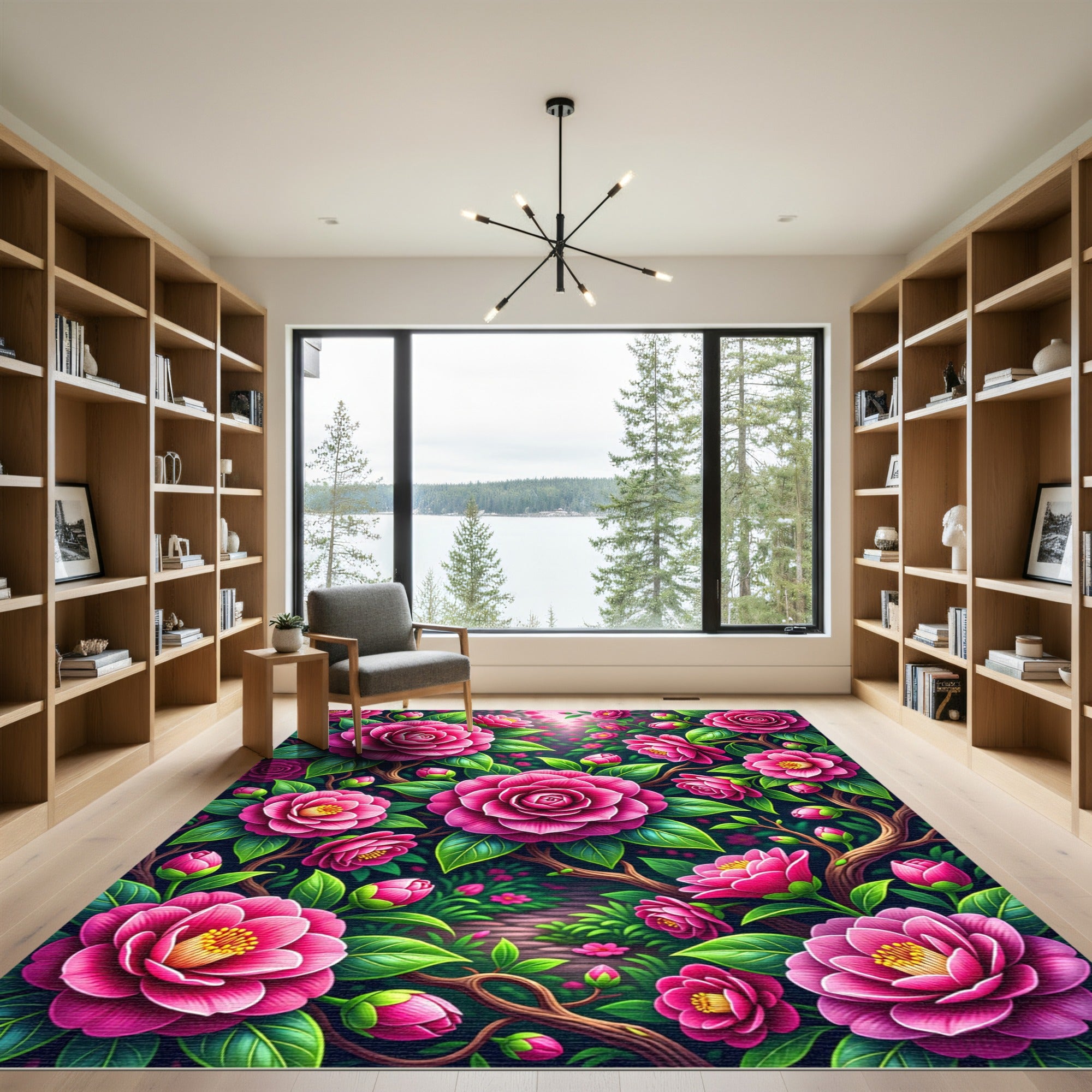 Vibrant Pink Camellia Floral Garden Rug