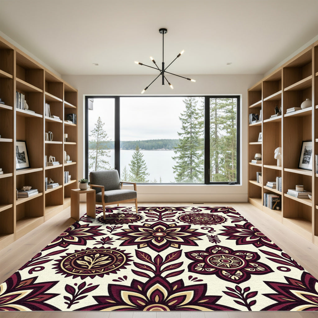 Deep Crimson Floral Medallion Composition Rug