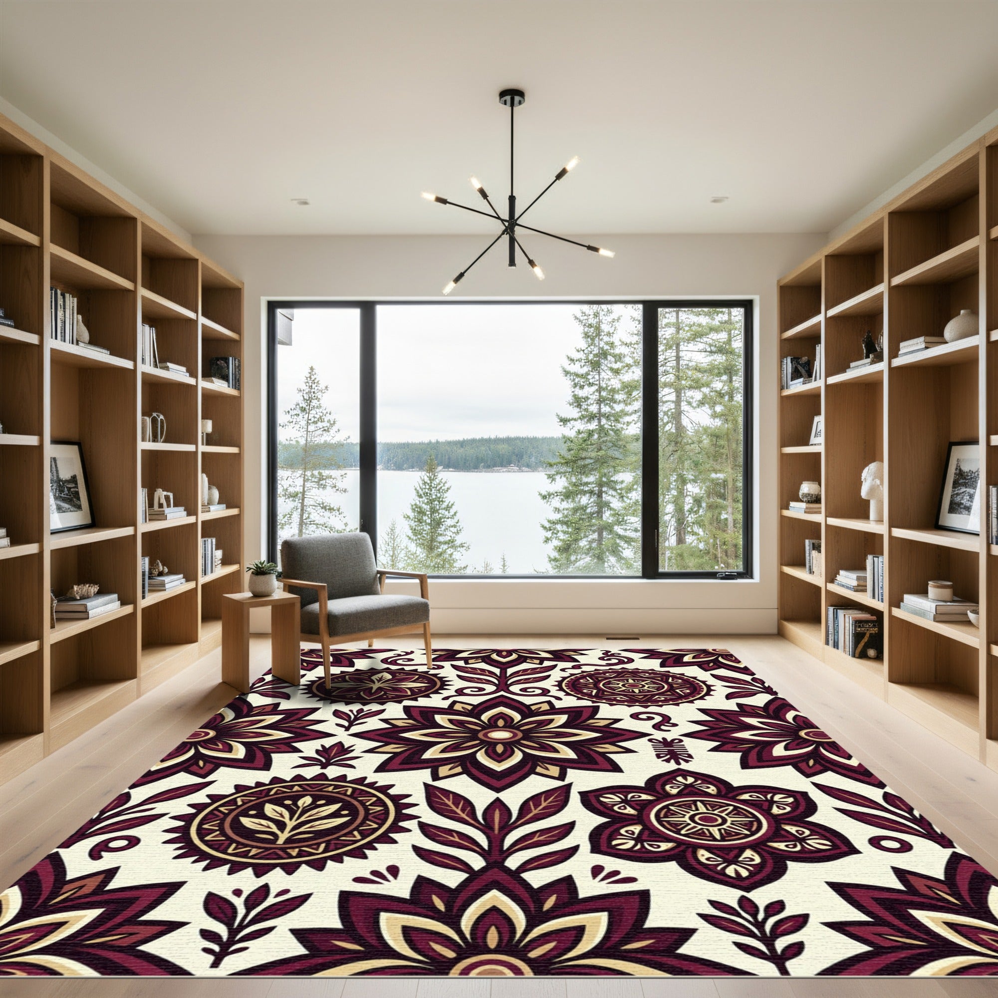 Deep Crimson Floral Medallion Composition Rug