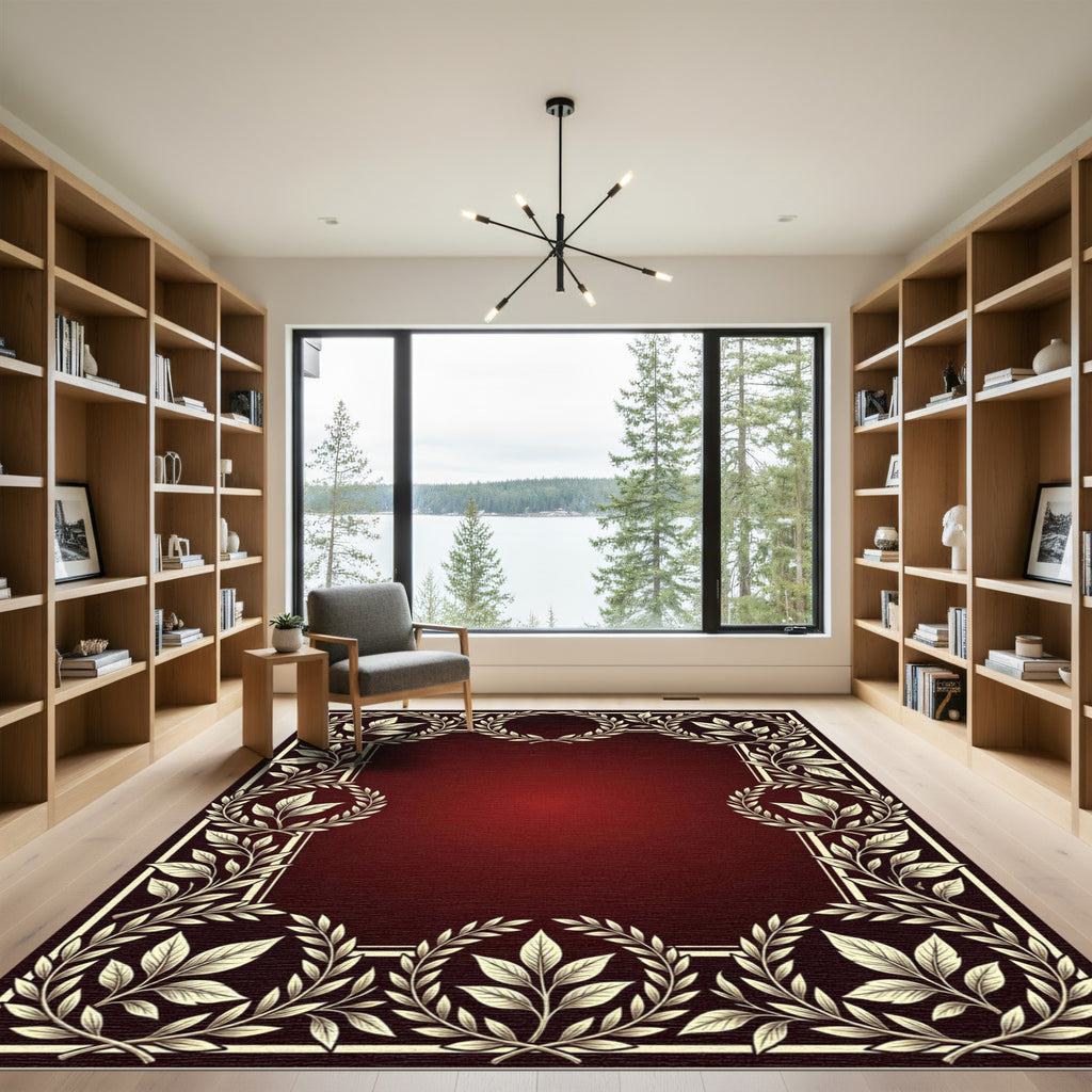 Elegant Cream Laurel Wreath Burgundy Rug
