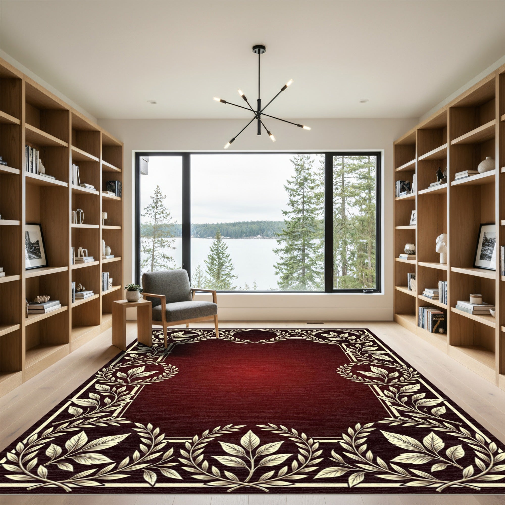 Elegant Cream Laurel Wreath Burgundy Rug